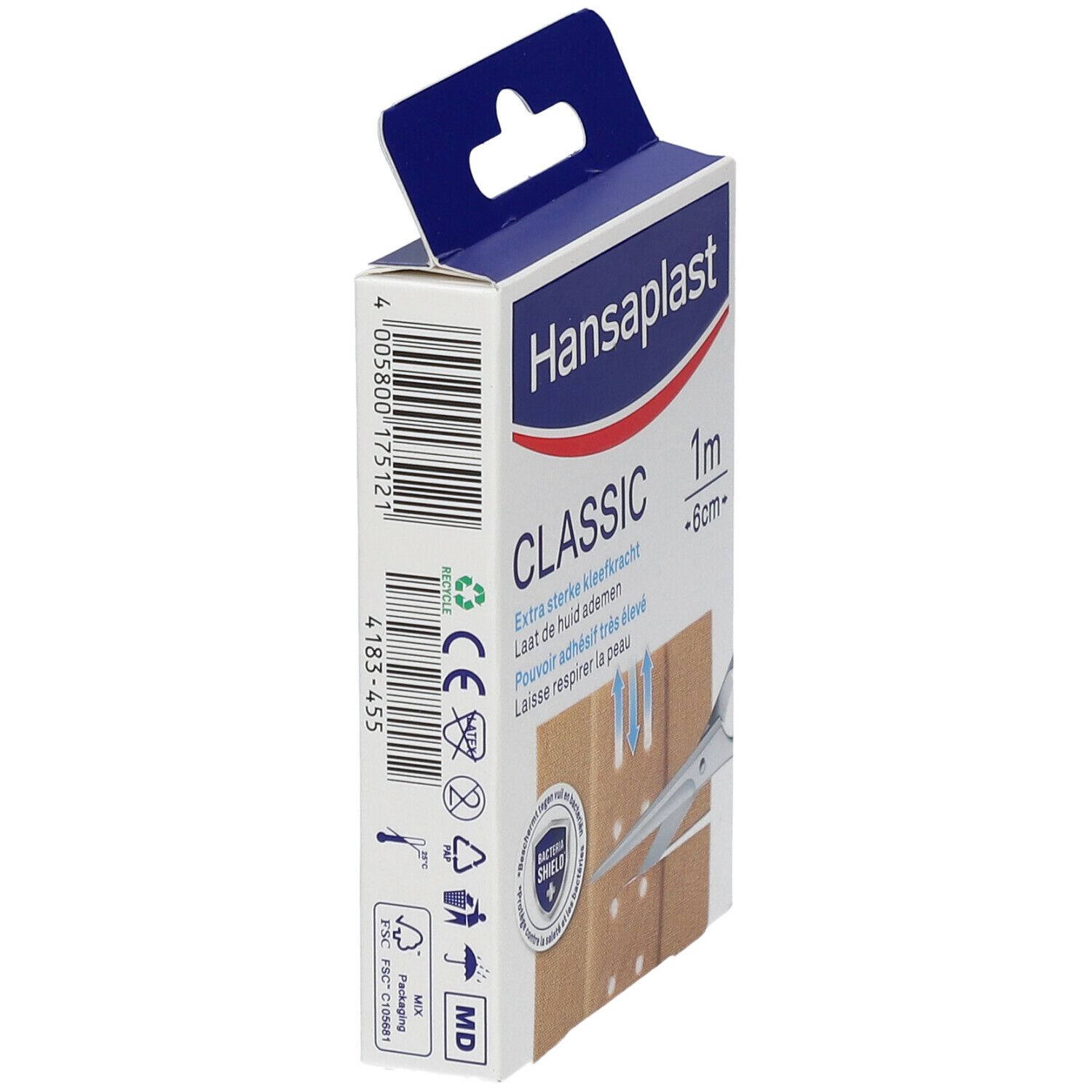 Hansaplast Classic verpakking. 1 m x 6 cm. Barcode, recyclingsymbool, CE-markering.