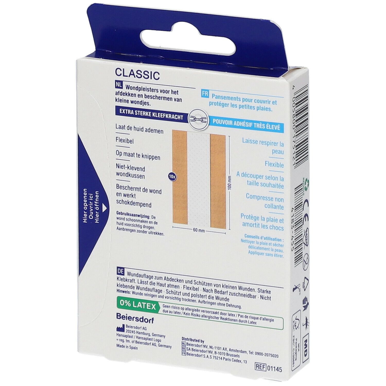 Achterkant Hansaplast Classic verpakking. 1 m x 6 cm. Pleisters, afmetingen, 0% latex.