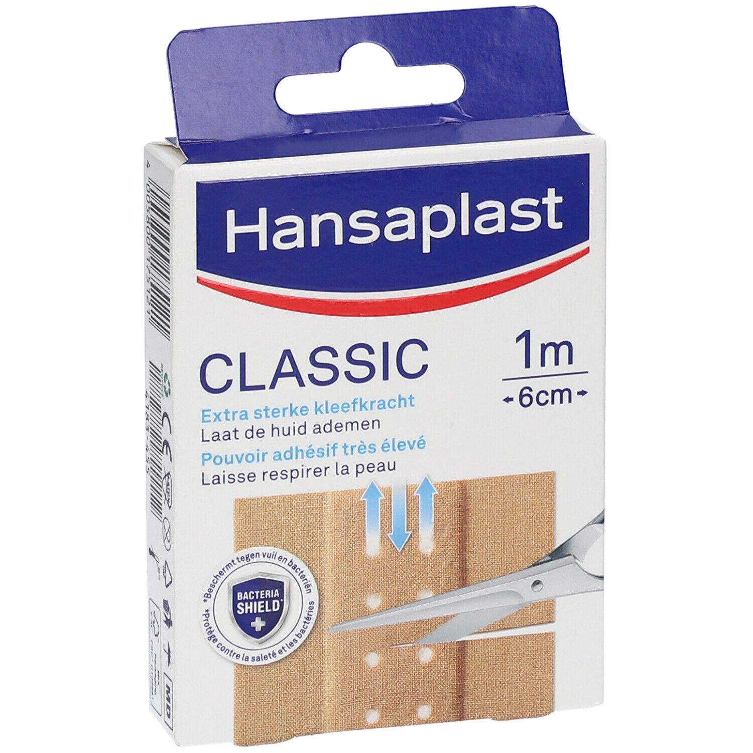 Hansaplast Classic verpakking. 1 m x 6 cm. Beige pleisters met schaar. Extra sterke kleefkracht.