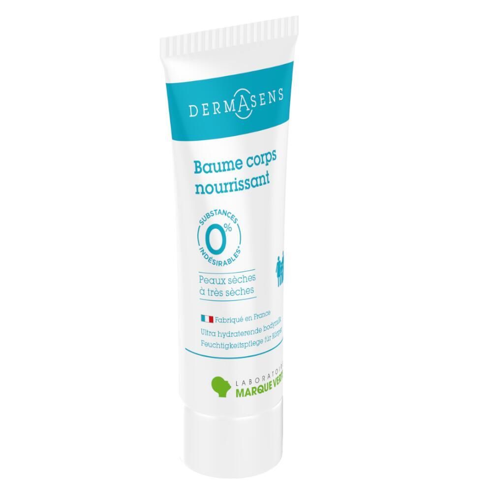 Witte en blauwe crème tube. Tekst: DermAsens, Baume corps nourrissant, voor een droge tot zeer droge huid.