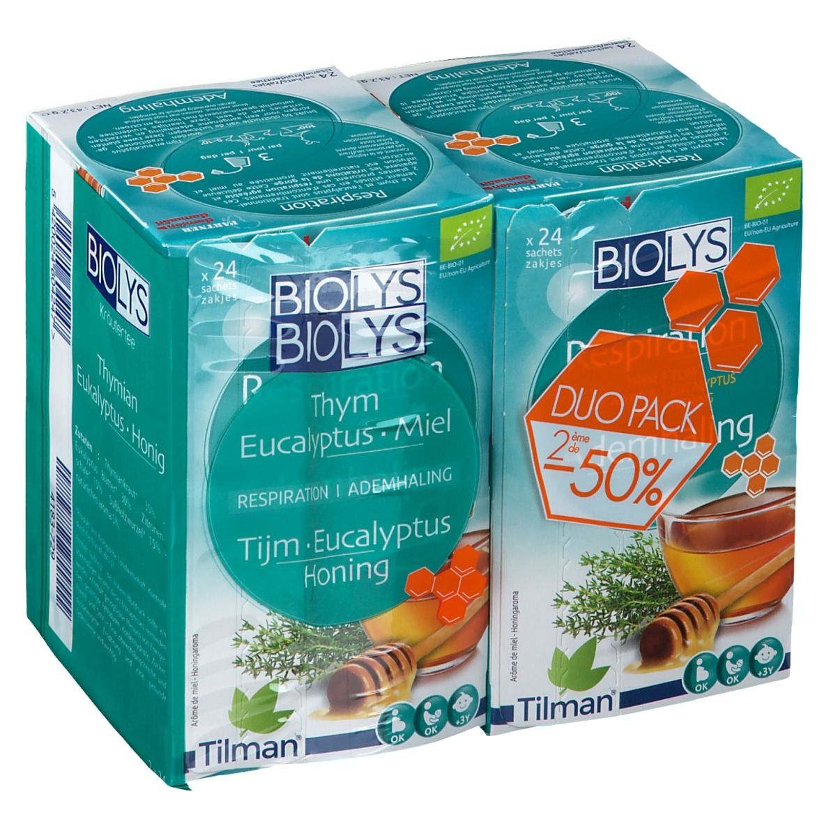 Verpakking Biolys thee. Duo-Pack met 2x50% korting. Tijm, Eucalyptus, Honing. Groen-witte verpakking met honing illustratie.