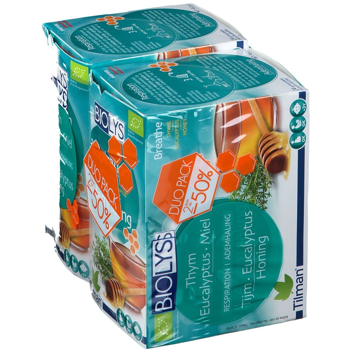 Biolys thee Duo-Pack. Tijm, Eucalyptus, Honing. Groen-witte verpakking met honing illustratie. 2x50% korting. Tilman logo.