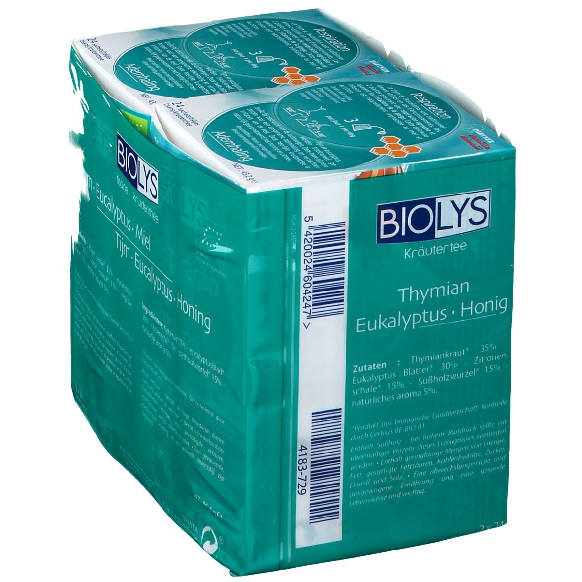 Biolys kruidenthee verpakking. Tijm, Eucalyptus, Honing. Groene verpakking met ingrediëntenlijst. Barcode en productnummer.