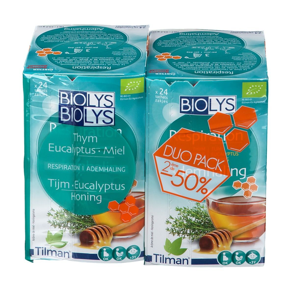 Biolys thee Duo-Pack. Tijm, Eucalyptus, Honing. Groen-witte verpakking met honing illustratie. 2x50% korting. Tilman logo.