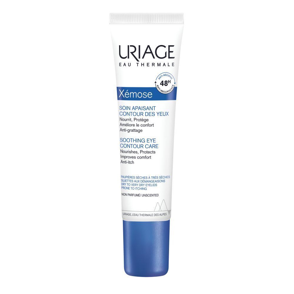 Uriage Xémose oogcontourcrème tube. Wit, blauw. Tekst en logo. 48H.