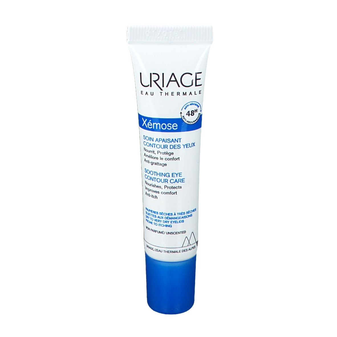 Uriage Xémose oogcontourcrème tube. Wit, blauw. Tekst en logo. 48H.
