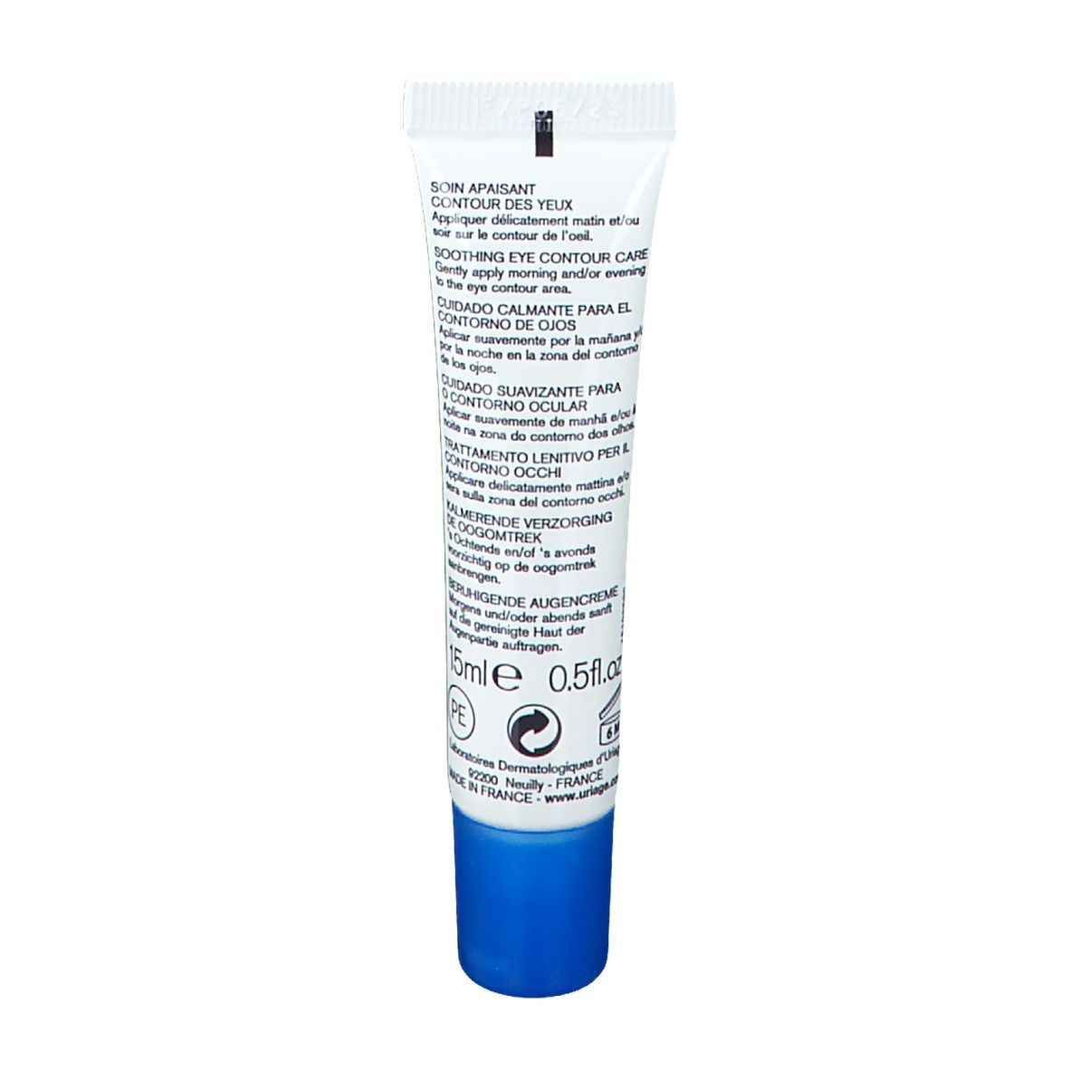 Achterkant van de Uriage Xémose oogcontourcrème tube. Meertalige tekst.