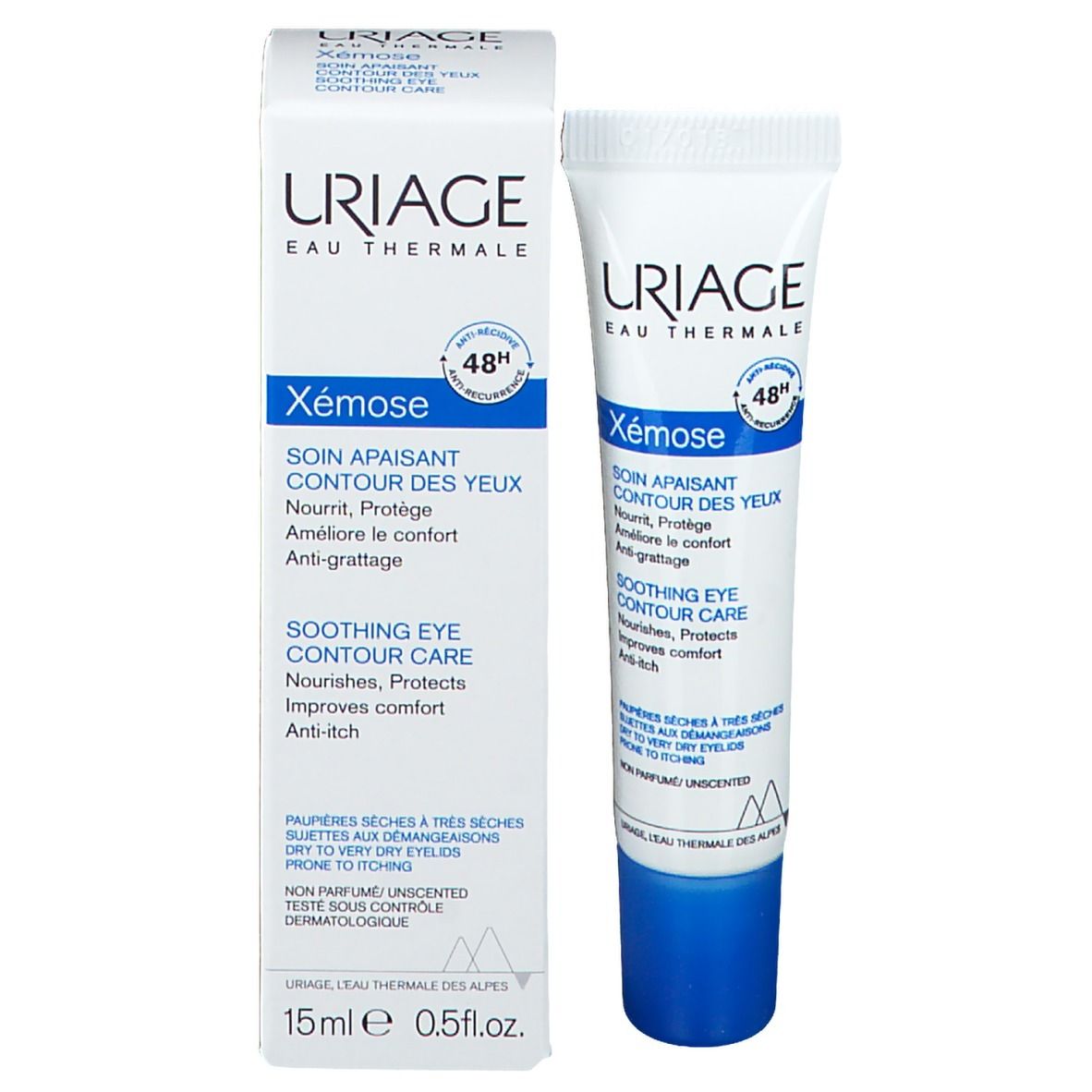 Uriage Xémose oogcontourcrème tube en doos. Wit, blauw. Tekst en logo. 48H.