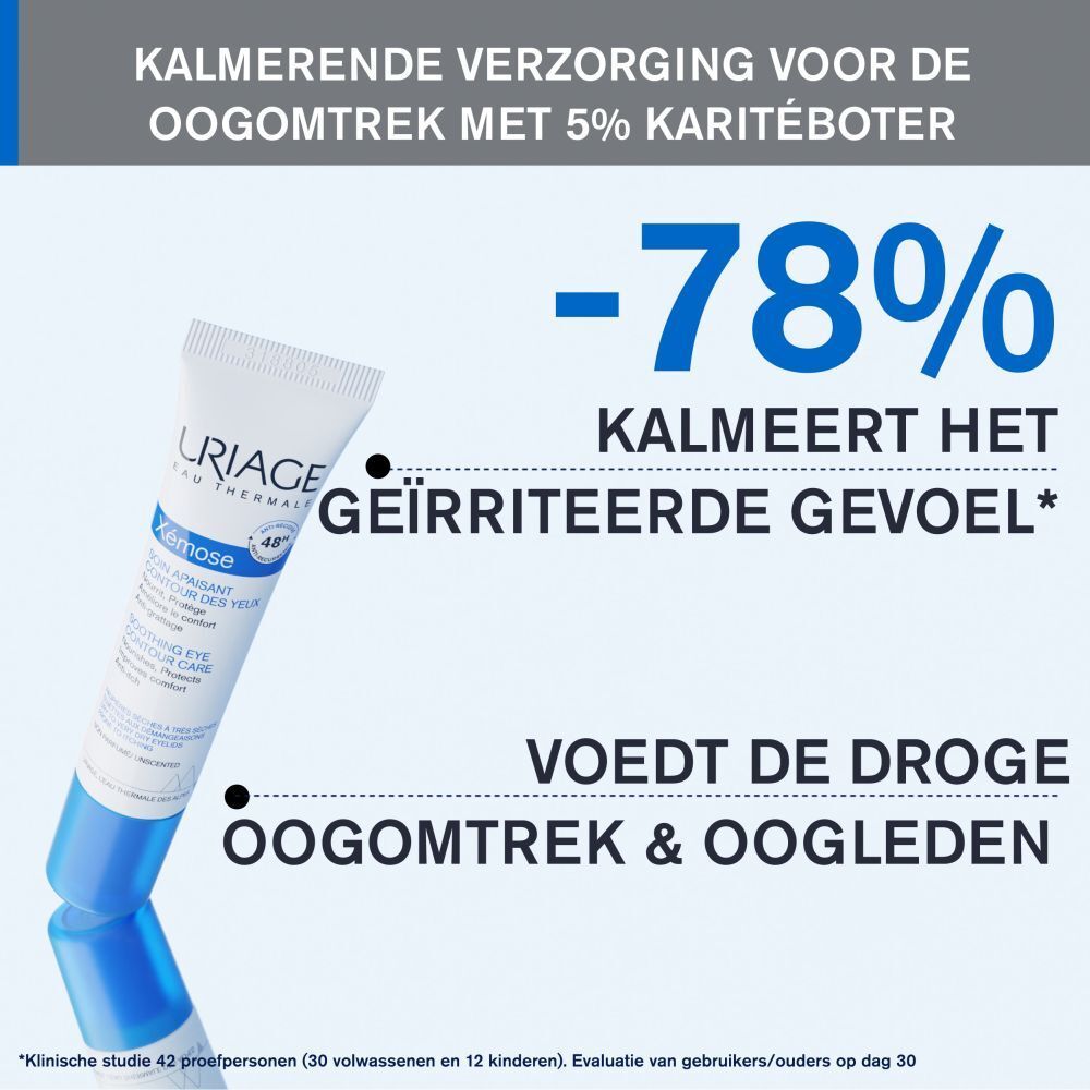 Uriage Xémose oogcontourcrème tube en doos. Wit, blauw. Tekst en logo. 48H.