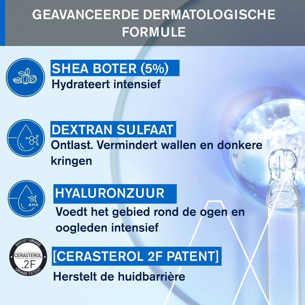 Uriage Xémose oogcontourcrème doos. Wit, blauw. Tekst en logo. 48H.