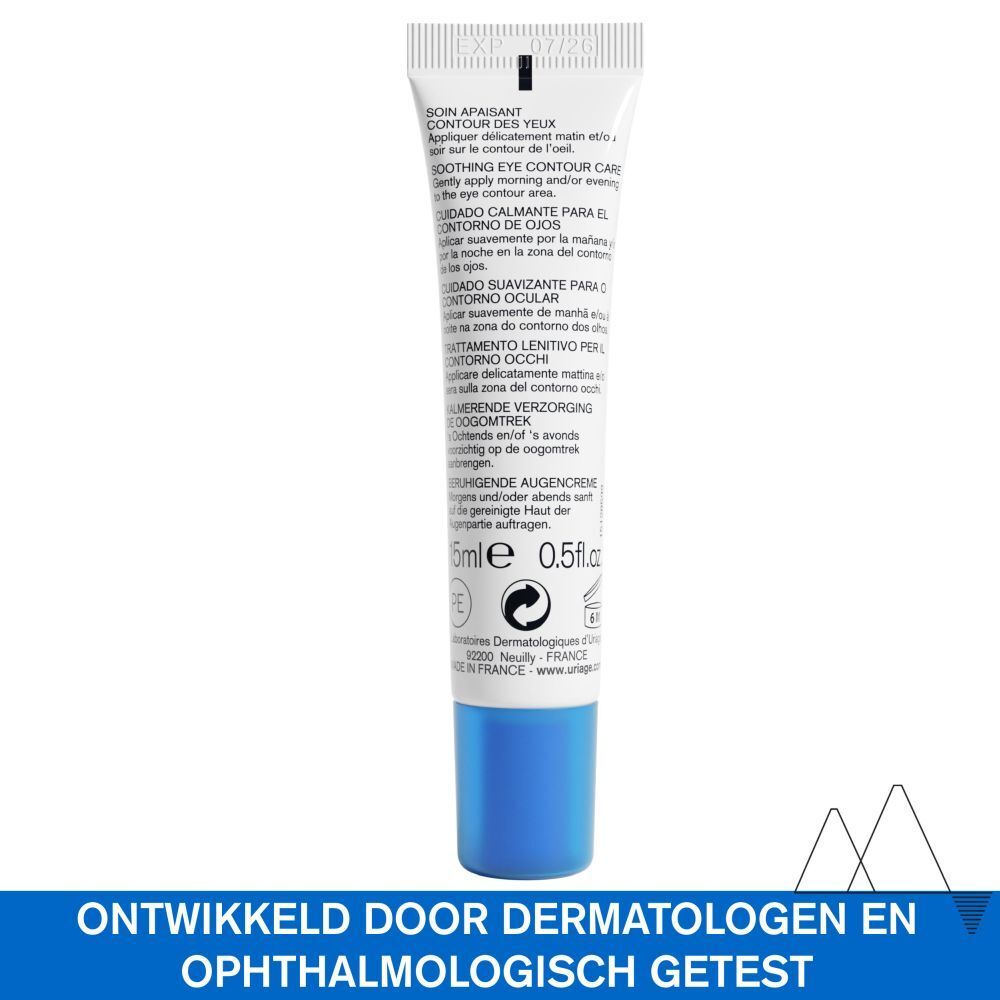 Achterkant van de Uriage Xémose oogcontourcrème doos. Meertalige tekst.