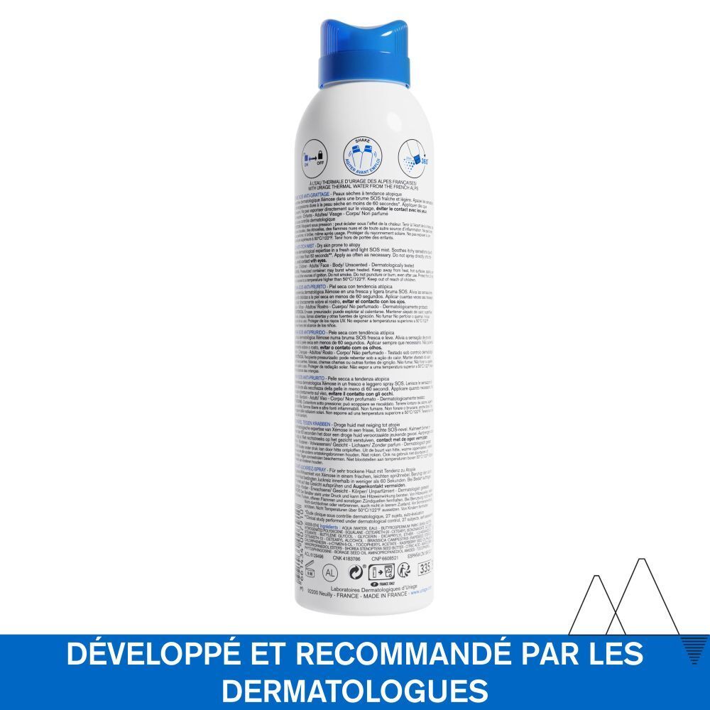 Spray anti-démangeaisons Uriage Xémose. Flacon blanc, bouchon bleu. Texte et logo visibles.