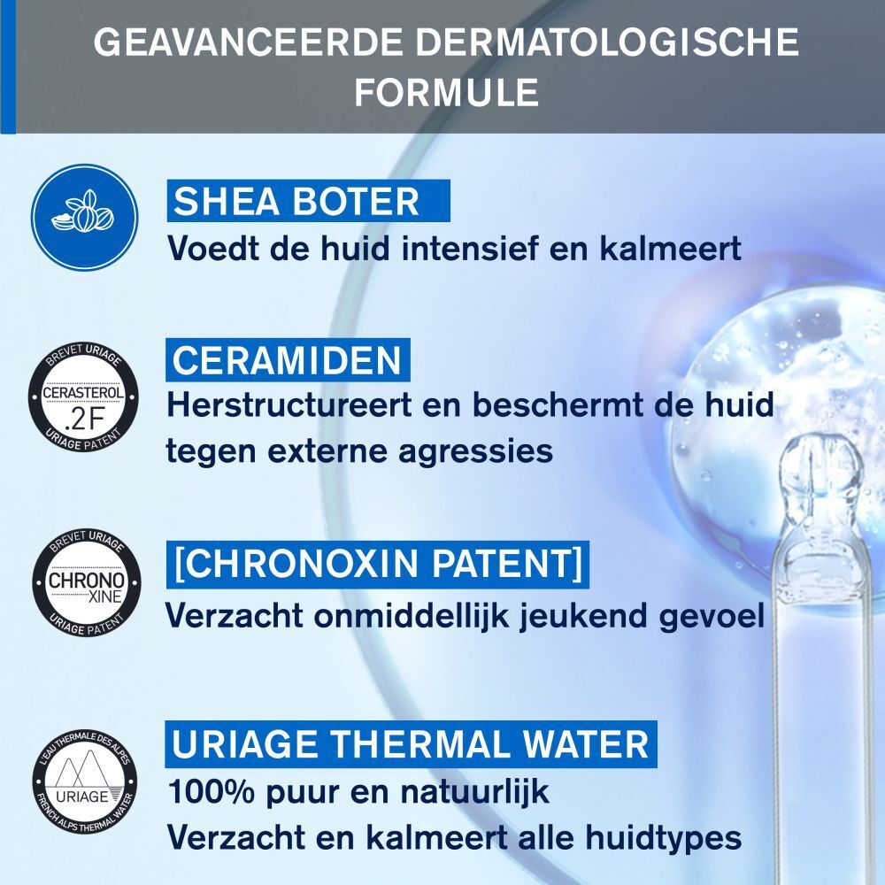 Uriage Xémose Anti-jeuk spray. Witte fles met blauwe sproeikop. Tekst en logo zichtbaar.