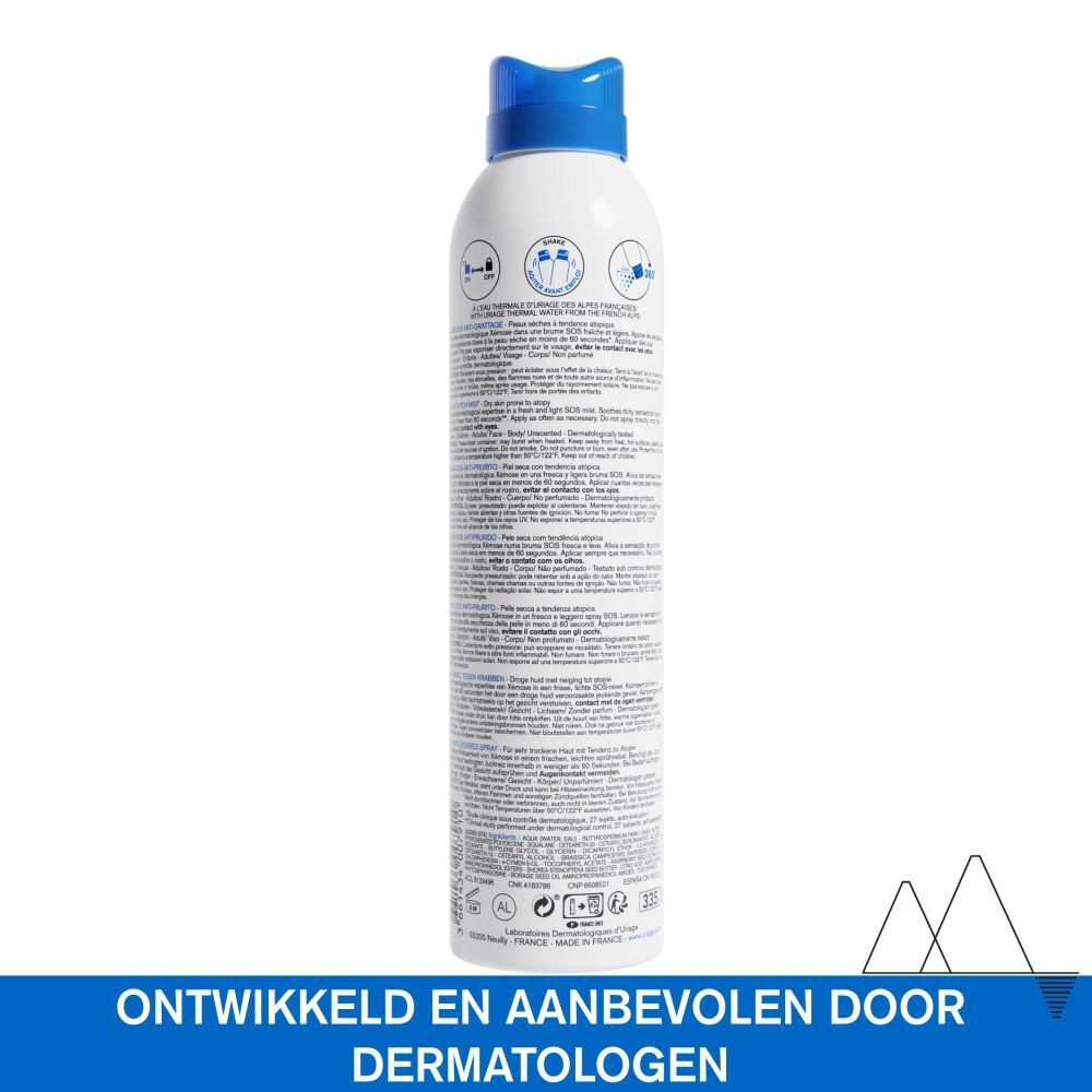 Uriage Xémose Anti-jeuk spray. Witte fles met blauwe sproeikop. Tekst en logo zichtbaar.
