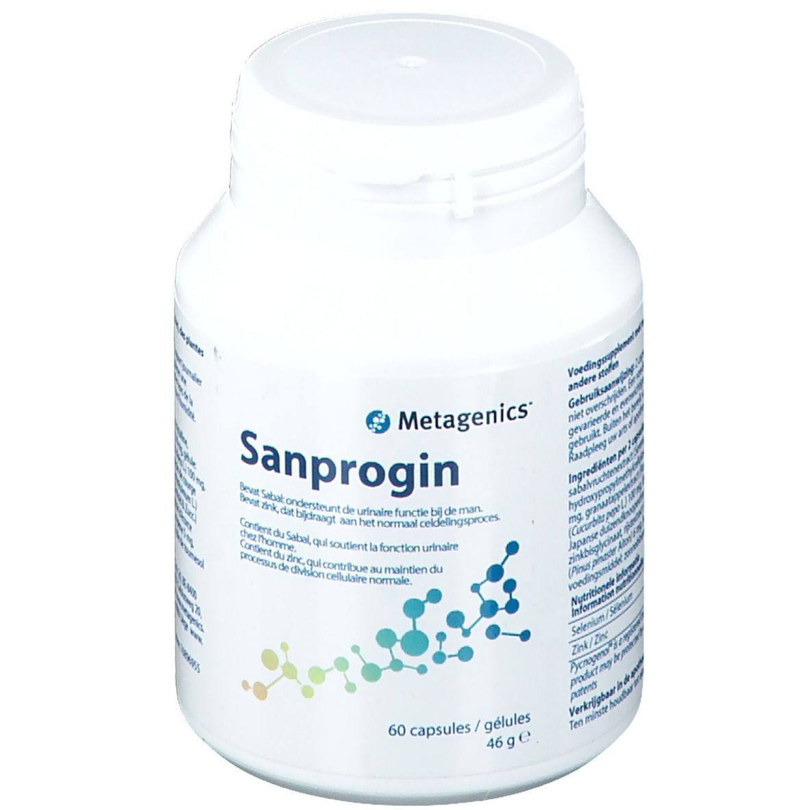 Flacon blanc "Sanprogin". Contient 60 gélules. Marque Metagenics. Inscriptions en allemand, français et néerlandais.