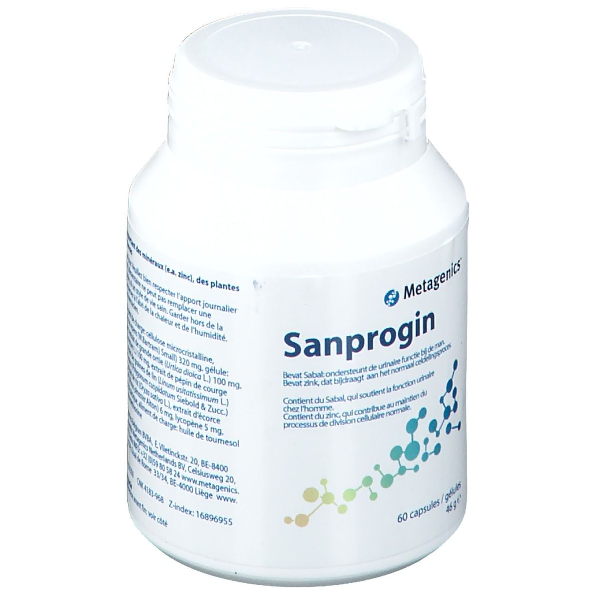 Flacon blanc "Sanprogin". Contient 60 gélules. Marque Metagenics. Inscriptions en allemand, français et néerlandais.