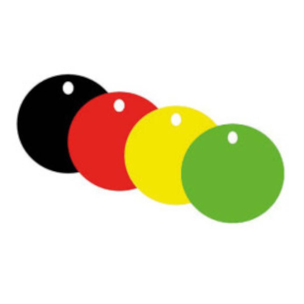 Quatre disques ronds colorés avec trou : noir, rouge, jaune et vert. Tous se chevauchent légèrement.