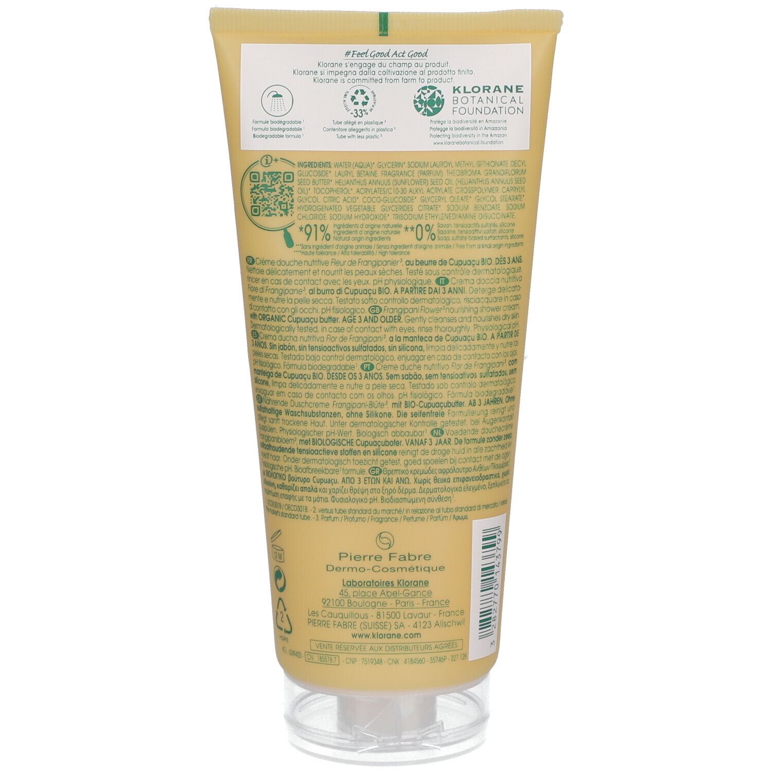 Dos du tube de crème de douche KLORANE jaune. Texte avec ingrédients, certifications et informations du fabricant.