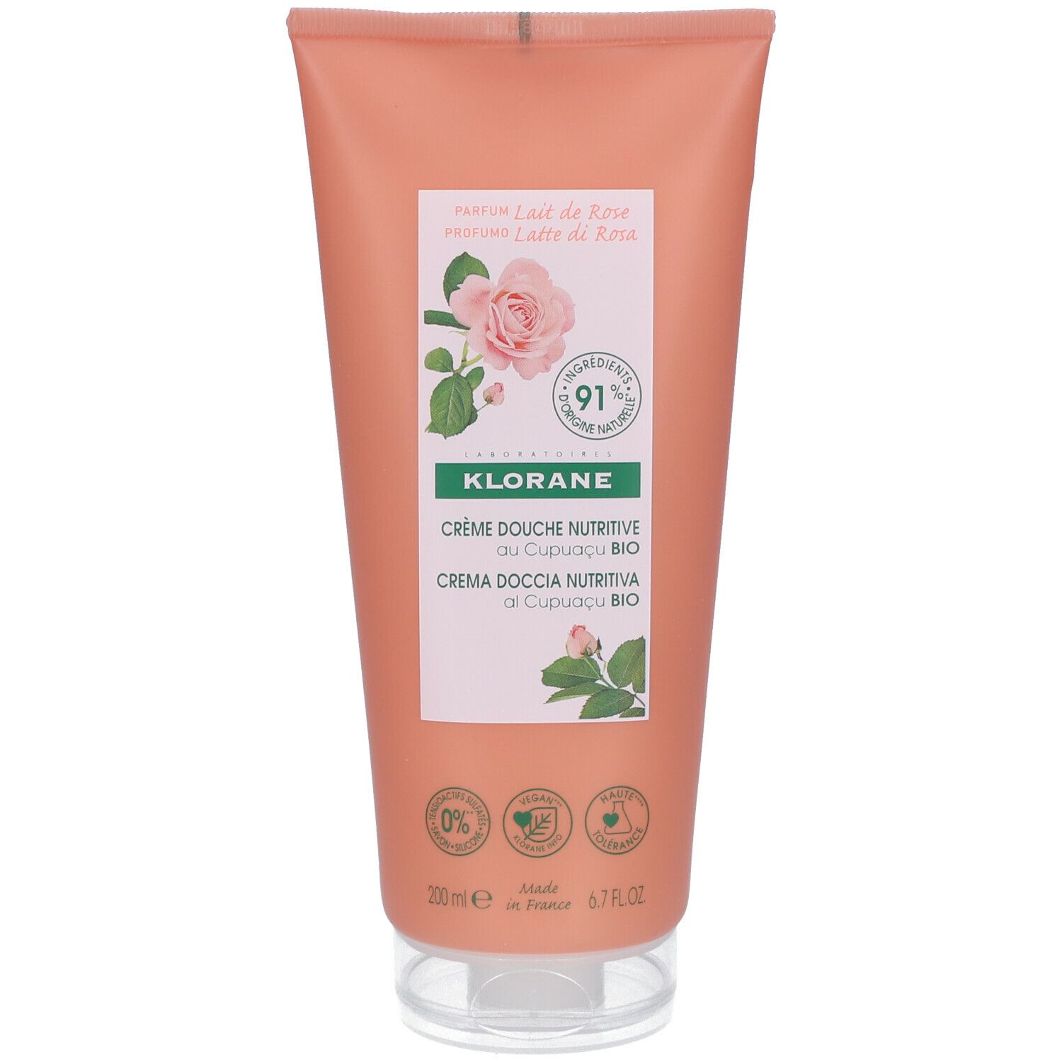 Roze tube Klorane Duschcreme Rosenmilch. Productinformatie en rozenafbeelding. 91% ingrediënten van natuurlijke oorsprong.