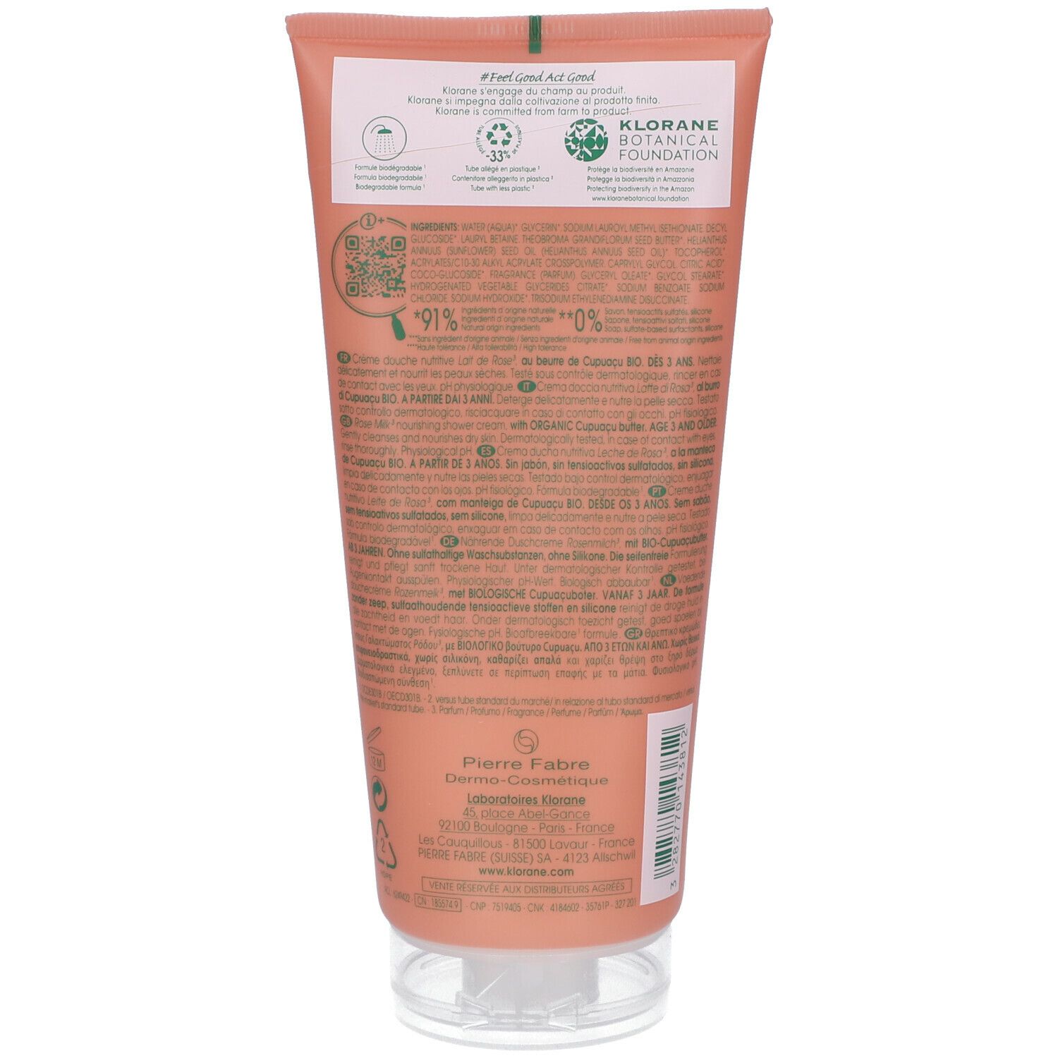 Achterkant van de tube Klorane Duschcreme Rosenmilch. Tekstinformatie, logo's en certificeringen. 91% ingrediënten van natuurlijke oorsprong.
