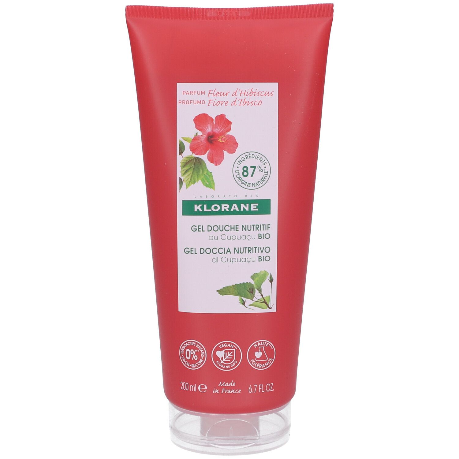 Rode tube KLORANE douchegel. Etiket met hibiscusbloem, tekst: Gel Douche Nutritif, 87% ingrediënten van natuurlijke oorsprong.
