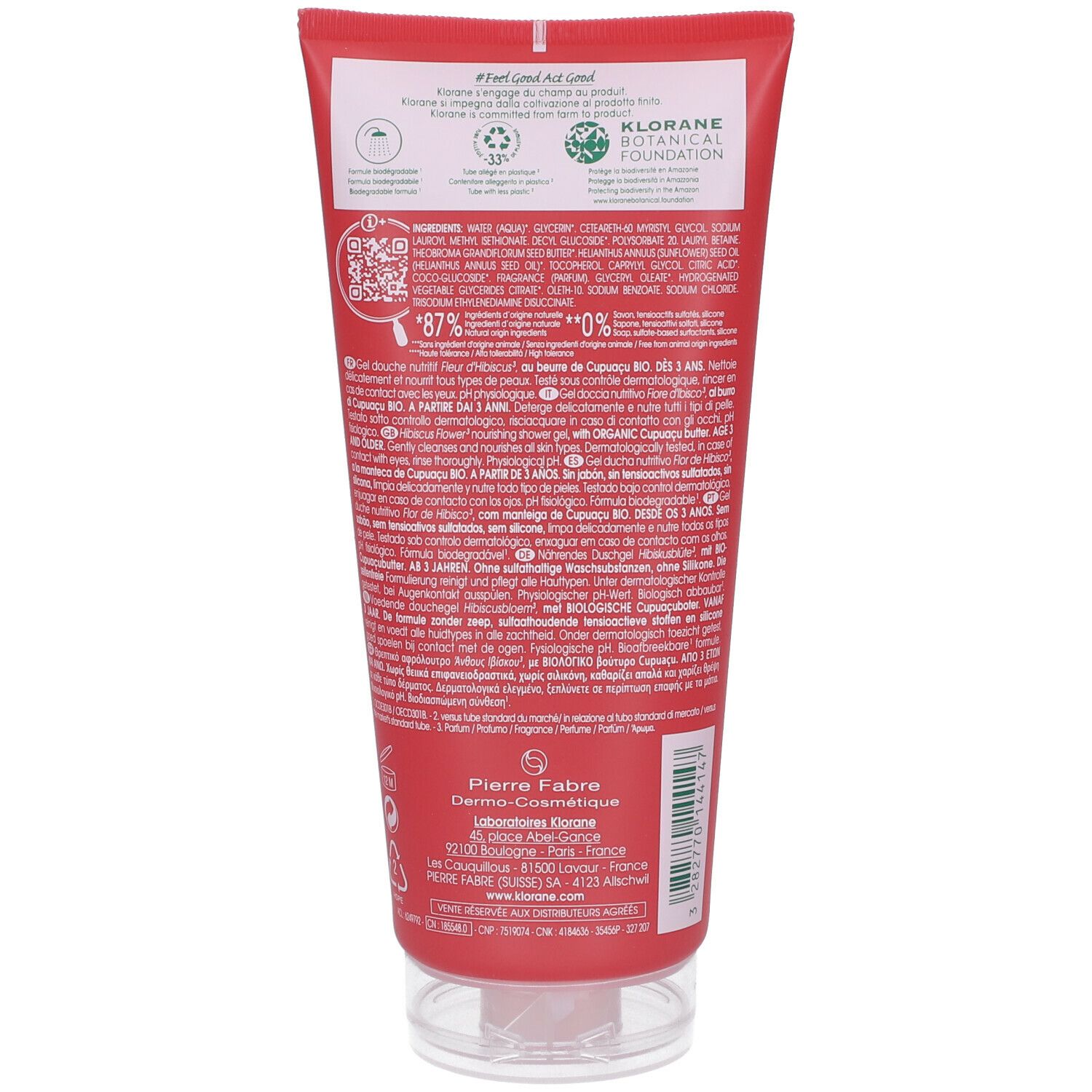 Achterkant van de rode KLORANE douchegel tube. Tekst: Ingrediënten, 87%, 0%, KLORANE BOTANICAL FOUNDATION, Pierre Fabre.