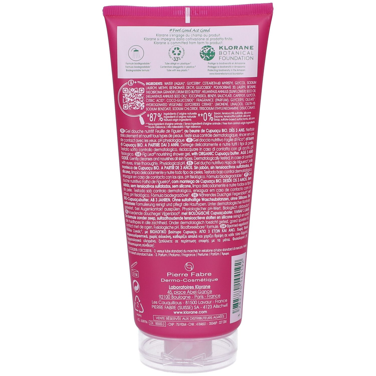 Rückseite der Klorane Duschgel-Tube. Enthält Text, Inhaltsstoffe, Logos und QR-Code.