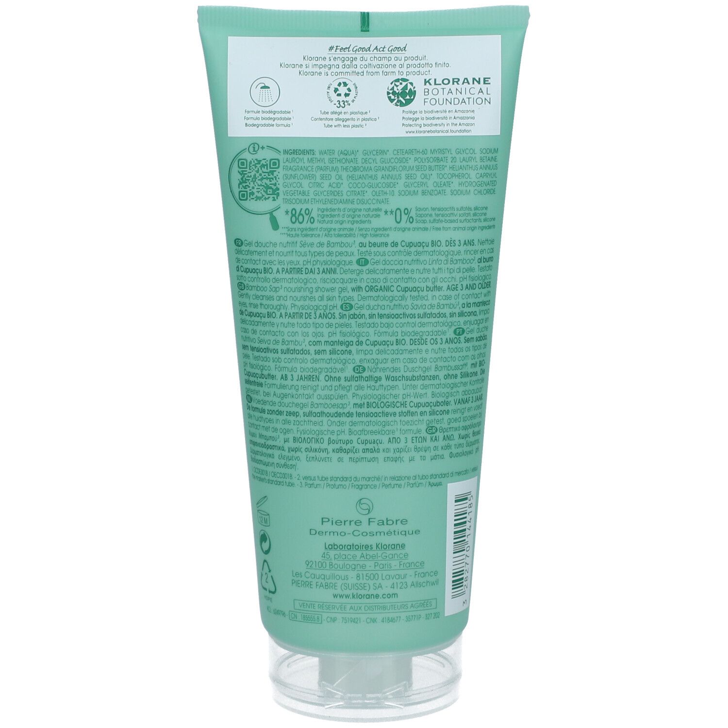 Rückseite der türkisfarbenen Tube mit Produktinformationen und Logos. Text: KLORANE Botanical Foundation, 86% Inhaltsstoffe natürlichen Ursprungs.