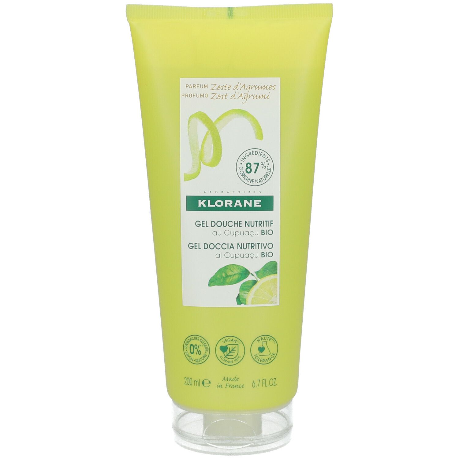 Klorane douchegel met citruszestes. Gele tube met groen etiket. Bevat 87% ingrediënten van natuurlijke oorsprong.