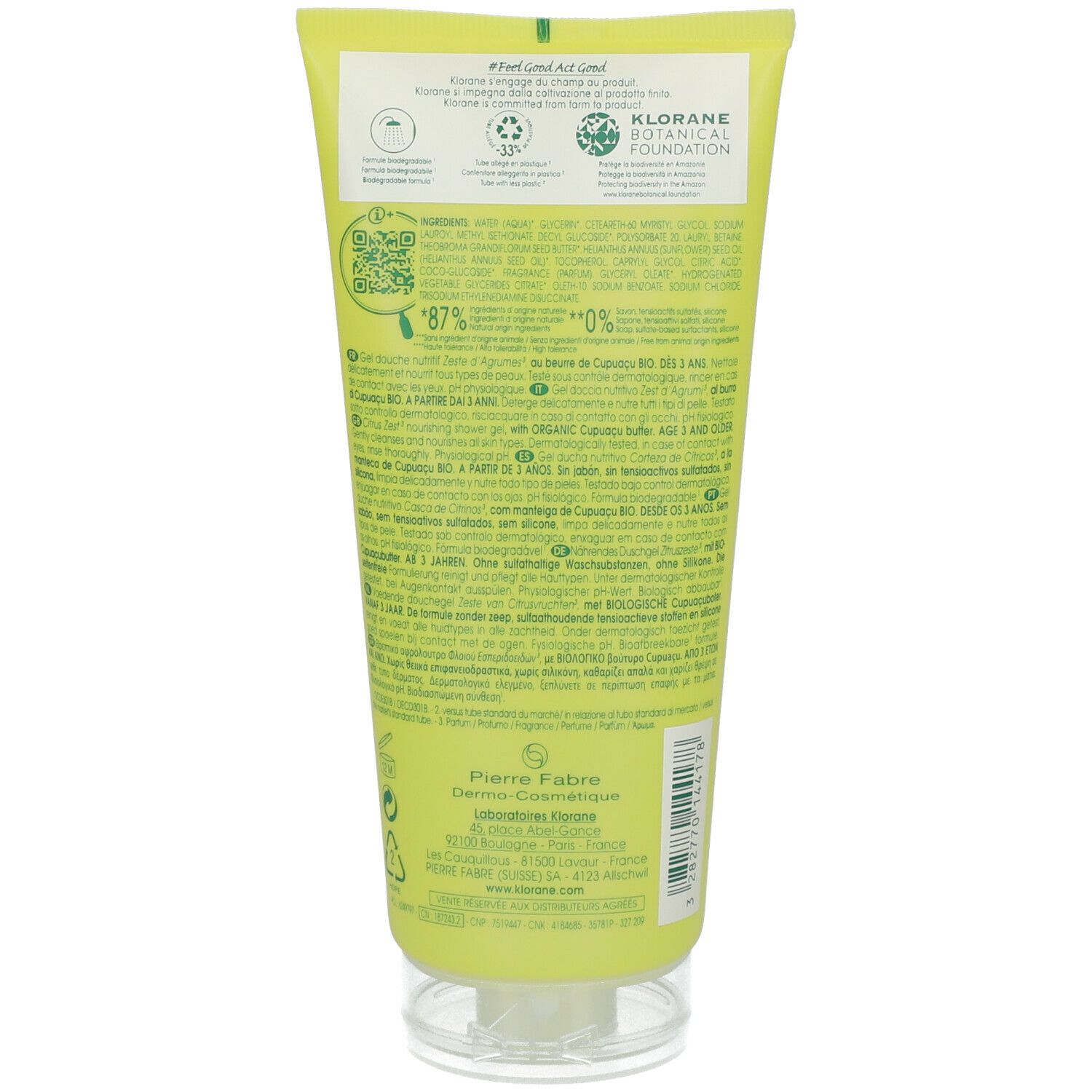 Achterkant van de Klorane douchegel tube. Tekst en logo's op groene achtergrond. Bevat informatie over ingrediënten en certificeringen.
