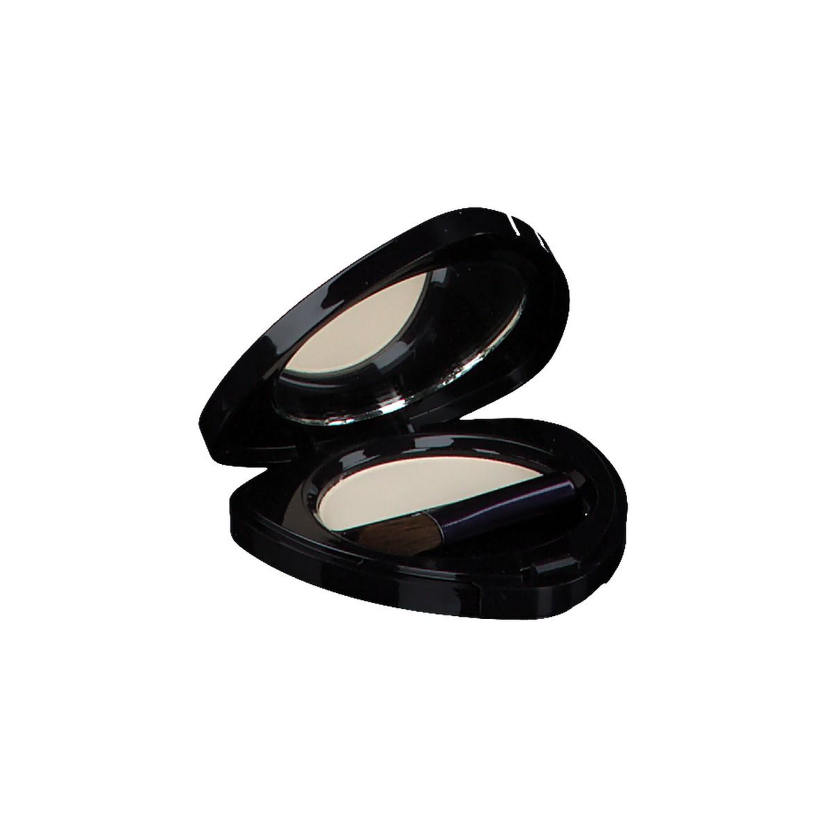 Boîtier de fard à paupières noir avec miroir, fard blanc et applicateur. Couvercle ouvert.