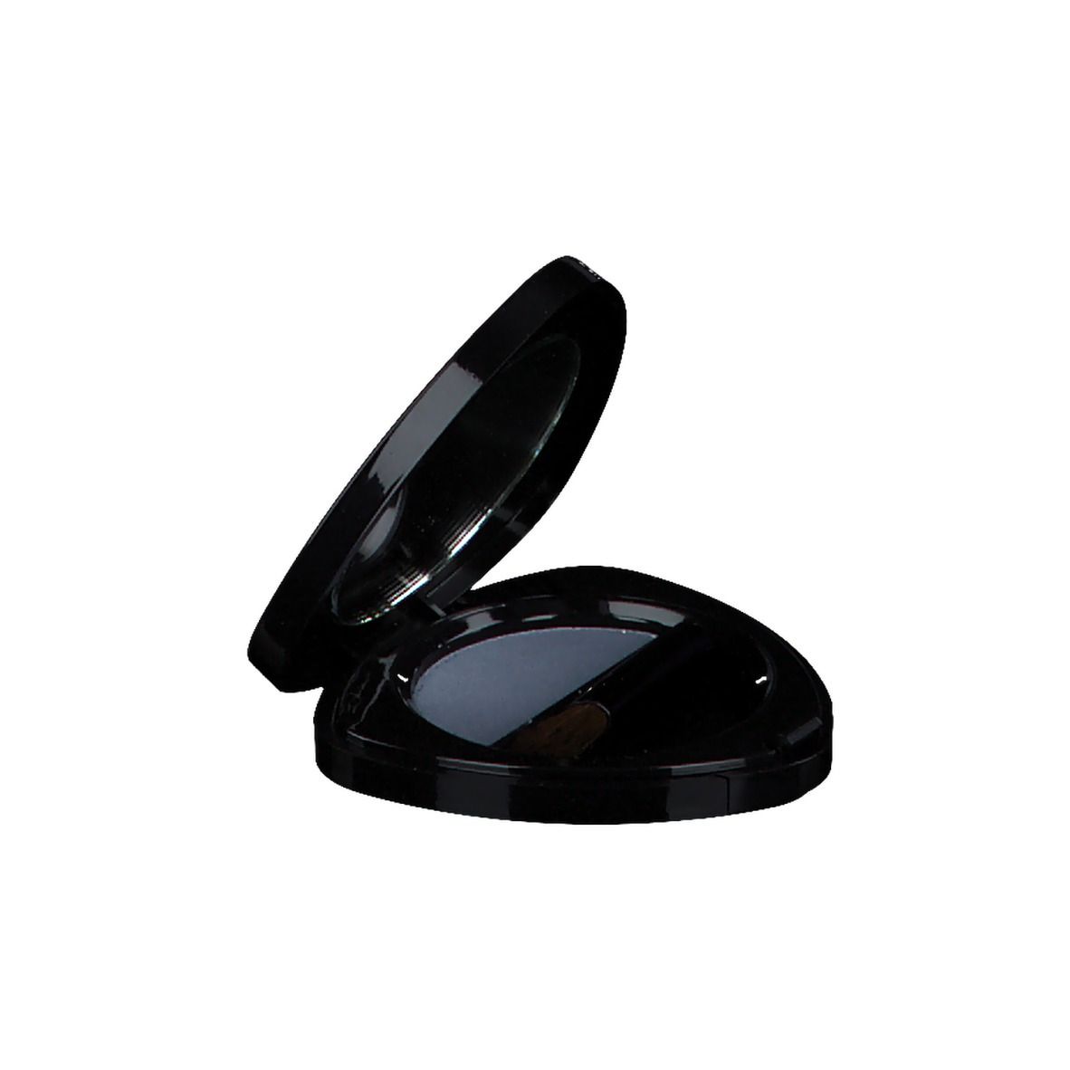 Boîtier de fard à paupières noir en forme de goutte, ouvert. Miroir dans le couvercle. Fard à paupières foncé à l'intérieur.