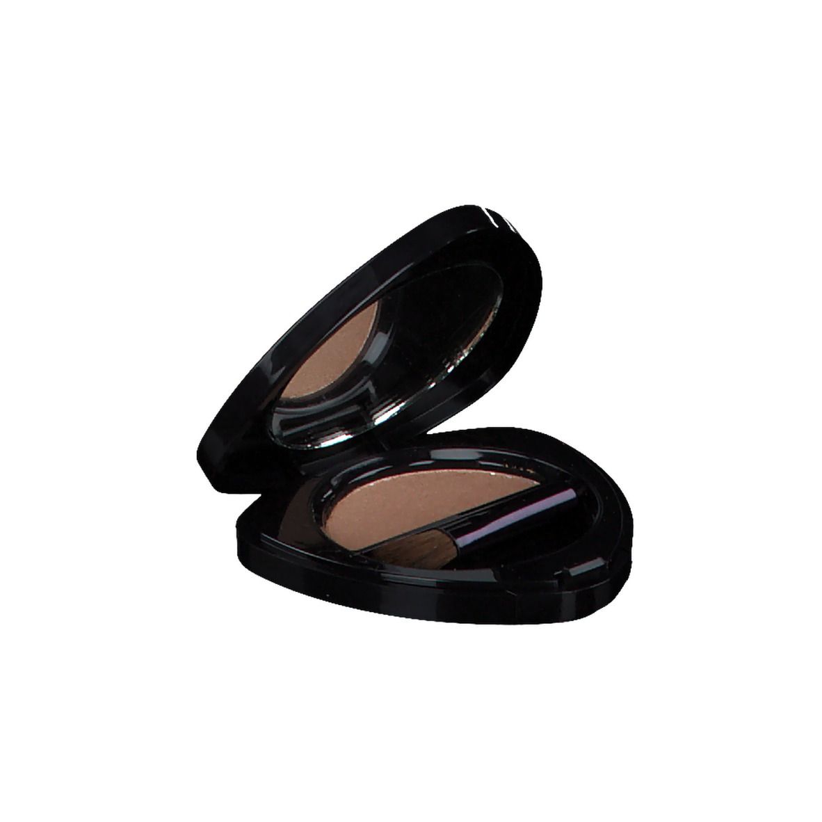 Palette de fard à paupières noire ouverte, avec miroir, fard brun et applicateur.
