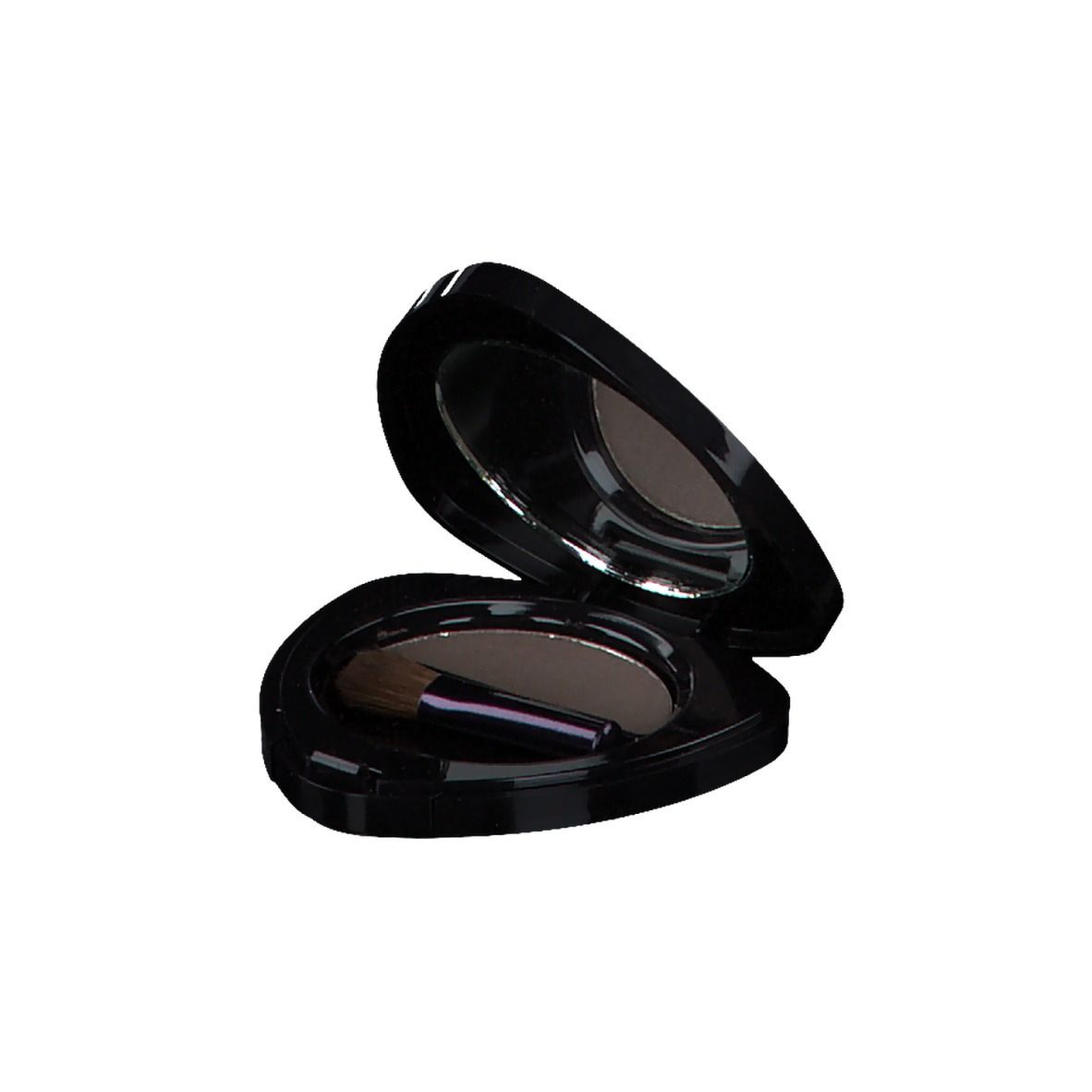 Boîtier de fard à paupières noir ouvert avec miroir, pinceau et fard à paupières gris. Couvercle ouvert.