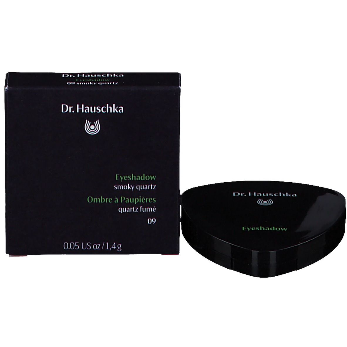 Emballage noir et fard à paupières. Dr. Hauschka, Eyeshadow, Smoky Quartz sont écrits sur l'emballage.