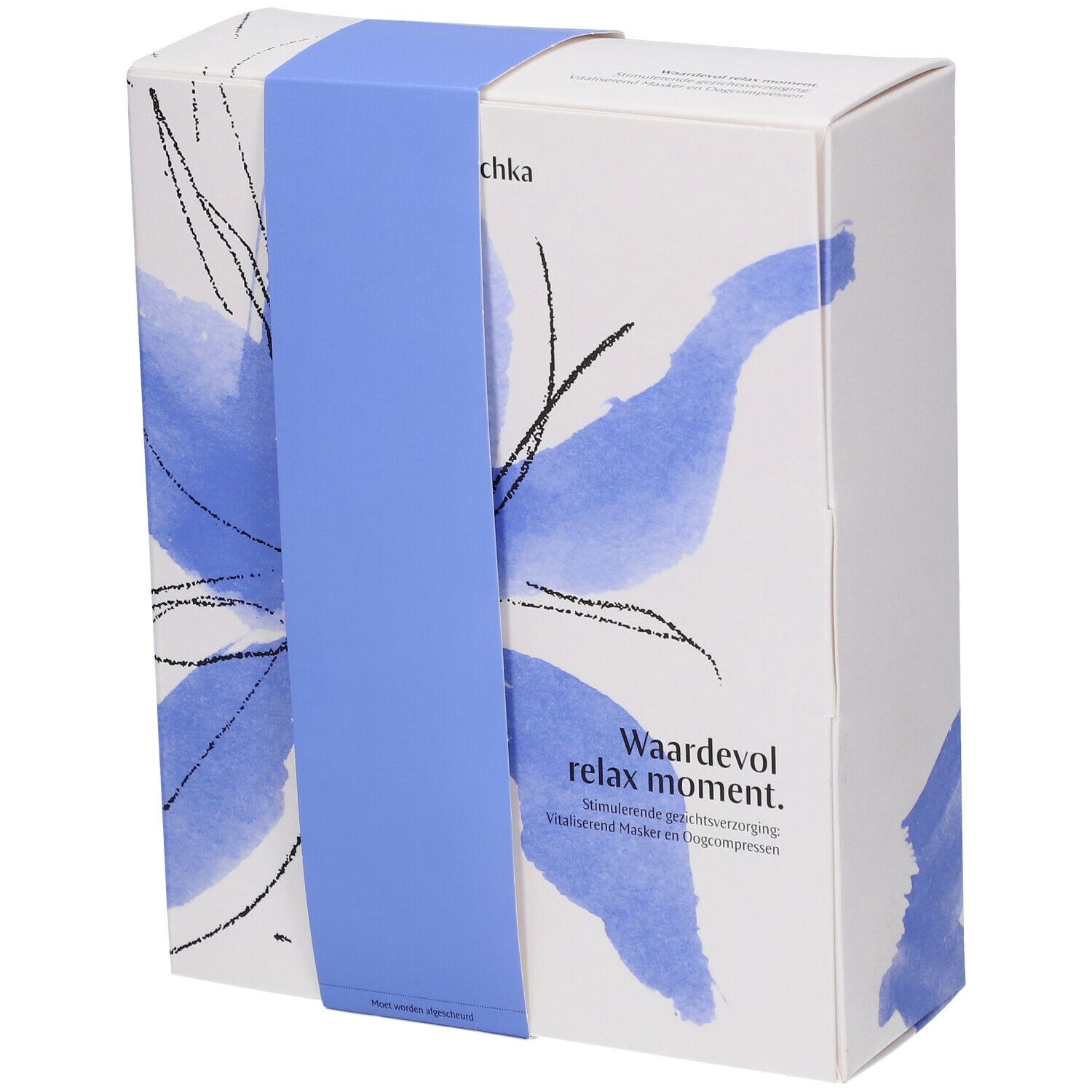 Coffret cadeau avec ruban bleu et motif floral. Inscription : Waardevol relax moment.