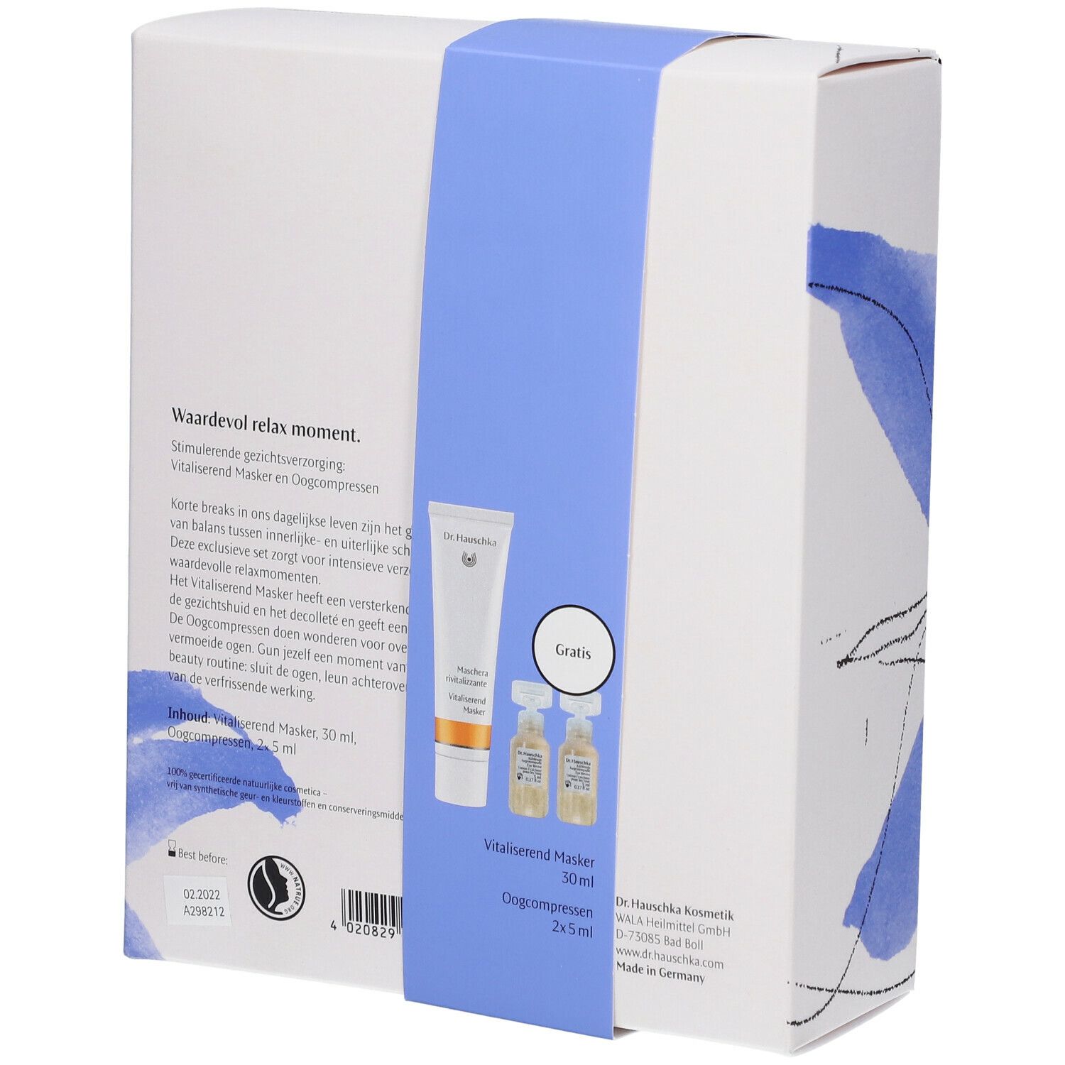 Dos du coffret cadeau avec illustrations de produits et texte. Contient un tube et des ampoules.