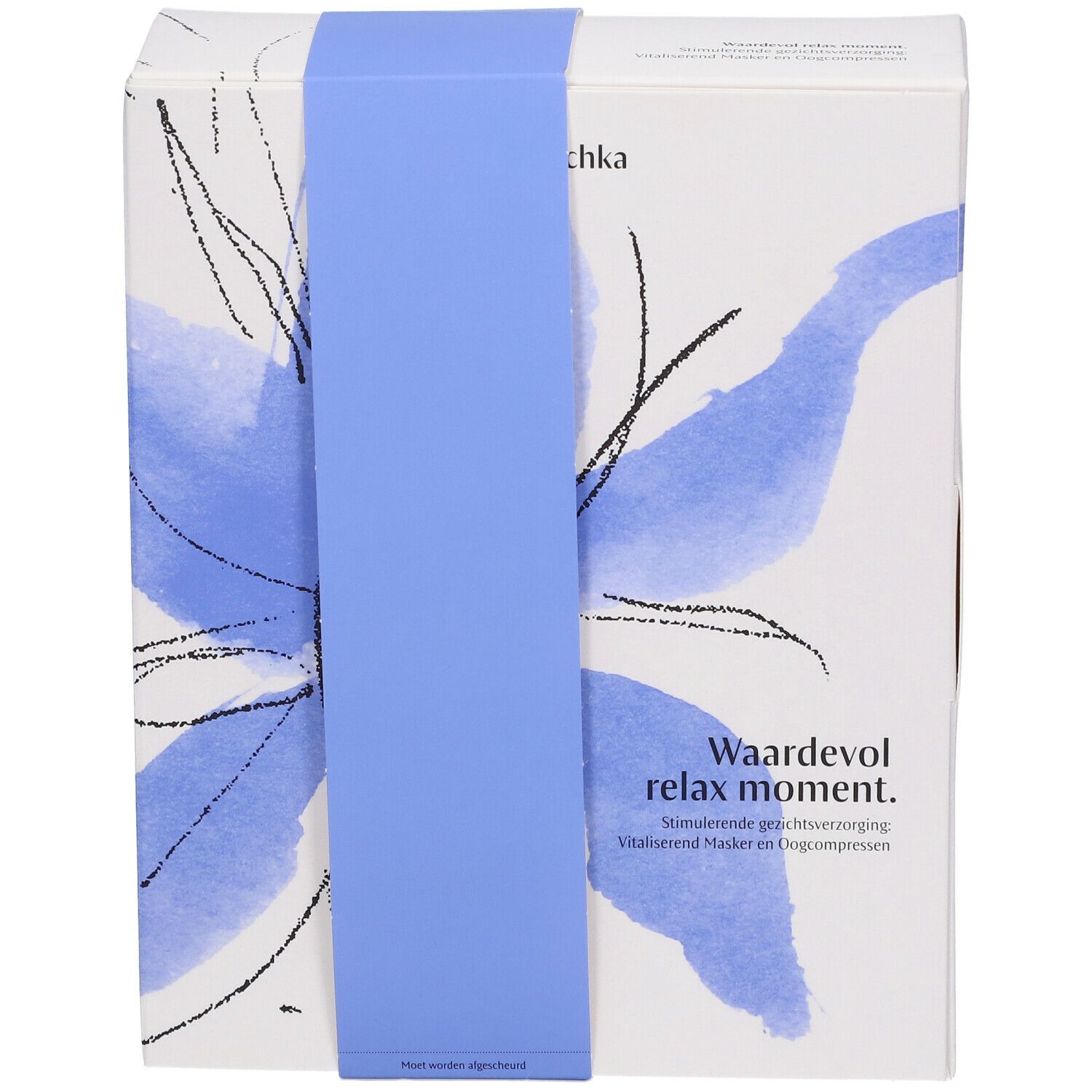 Coffret cadeau avec ruban bleu et motif floral. Inscription : Waardevol relax moment.