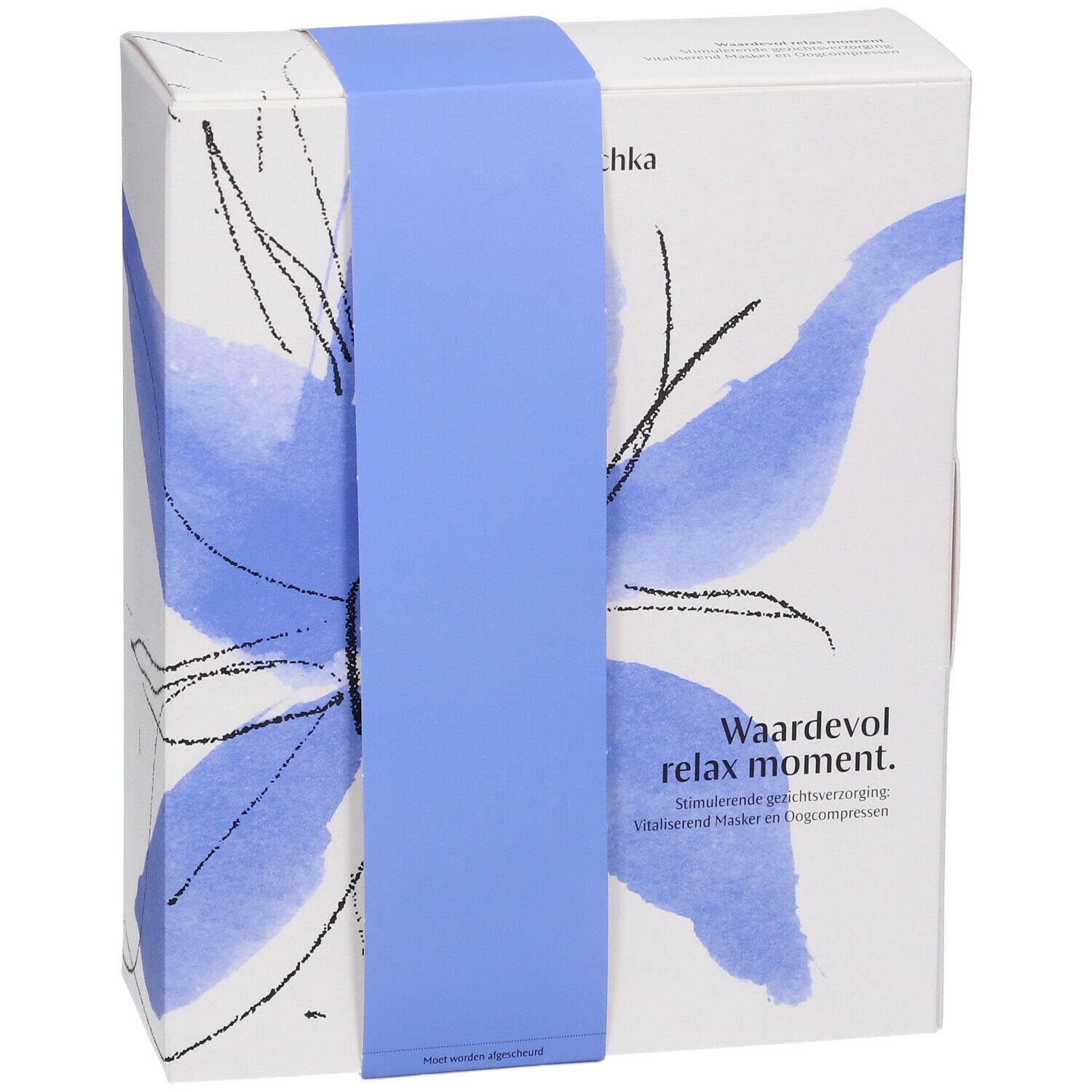 Coffret cadeau avec ruban bleu et motif floral. Inscription : Waardevol relax moment.