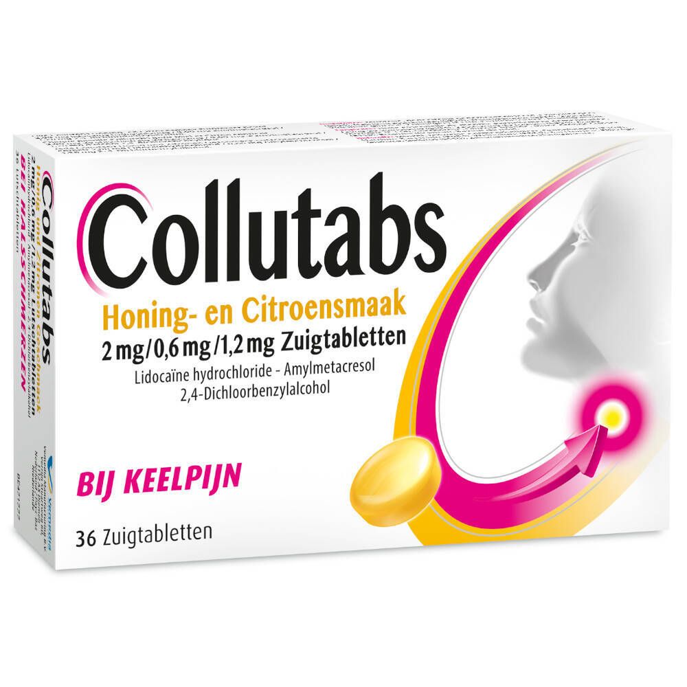 Collutabs-verpakking. Opschrift: Honing- en Citroensmaak, 2 mg/0,6 mg/1,2 mg Zuigtabletten, 36 tabletten. Illustratie van een keel met pijn.