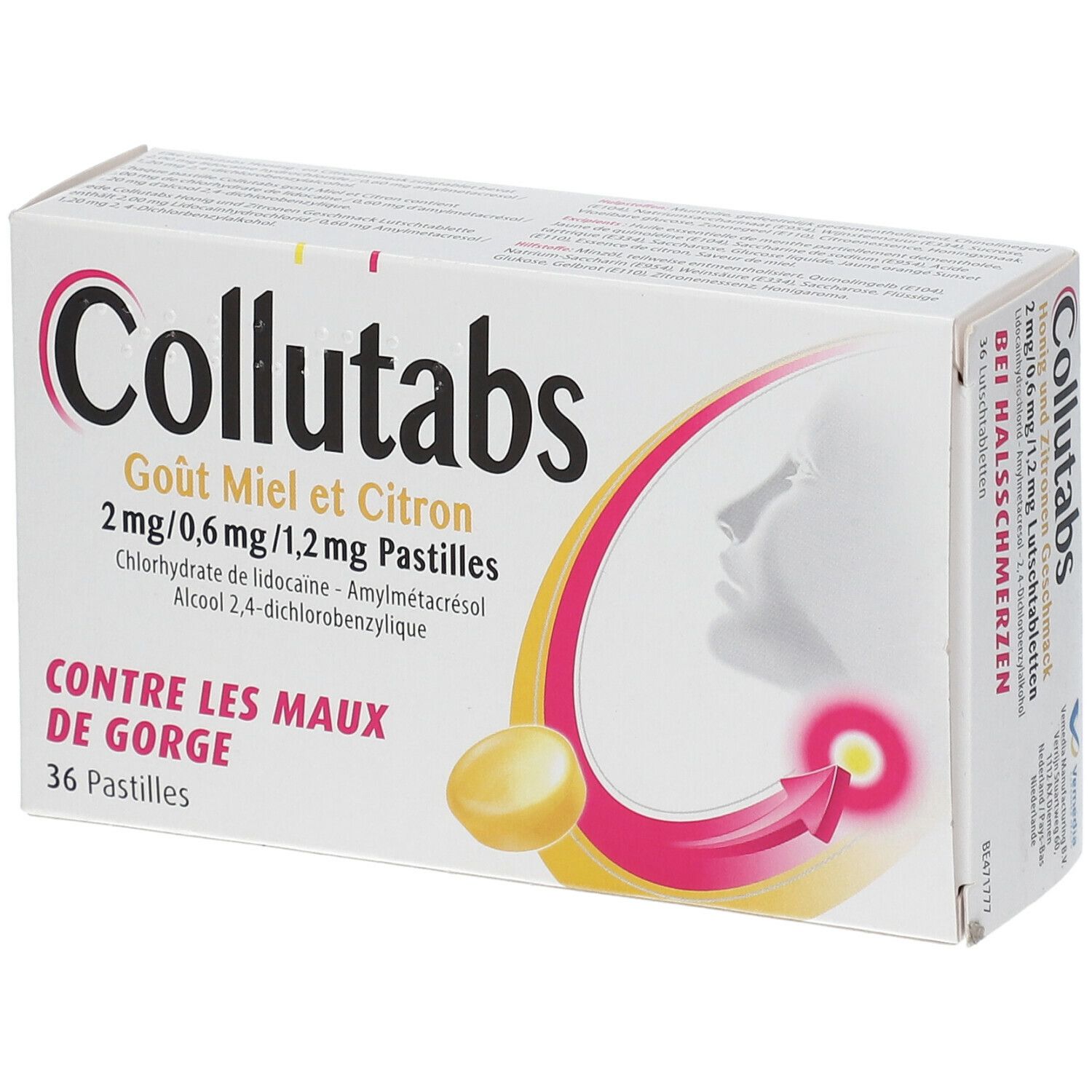 Collutabs-verpakking. Opschrift: Goût Miel et Citron, 2 mg/0,6 mg/1,2 mg Pastilles, 36 pastilles. Illustratie van een keel met pijn.