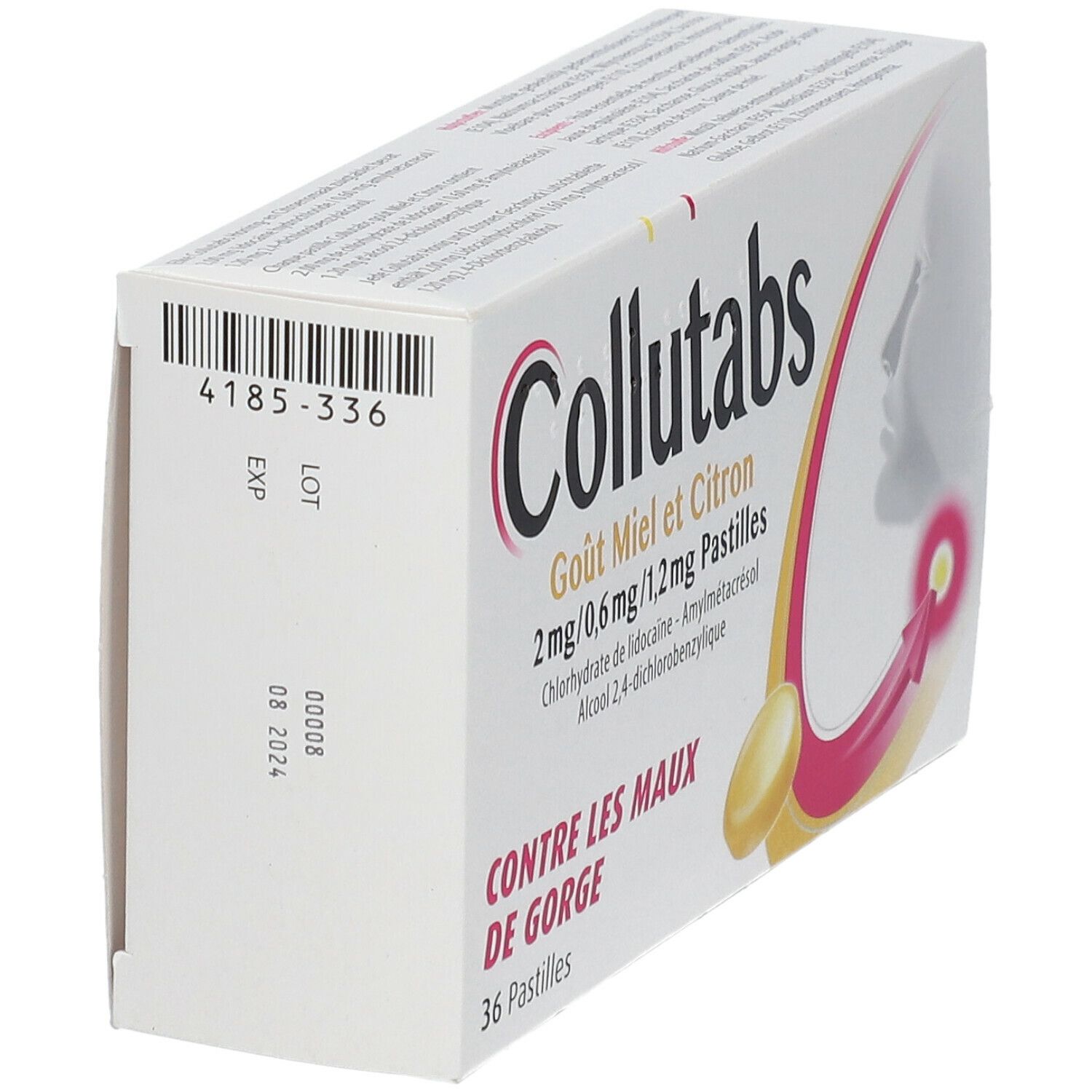 Collutabs-verpakking, schuin van bovenaf. Opschrift: Goût Miel et Citron, 2 mg/0,6 mg/1,2 mg Pastilles, 36 pastilles. Streepjescode en vervaldatum.