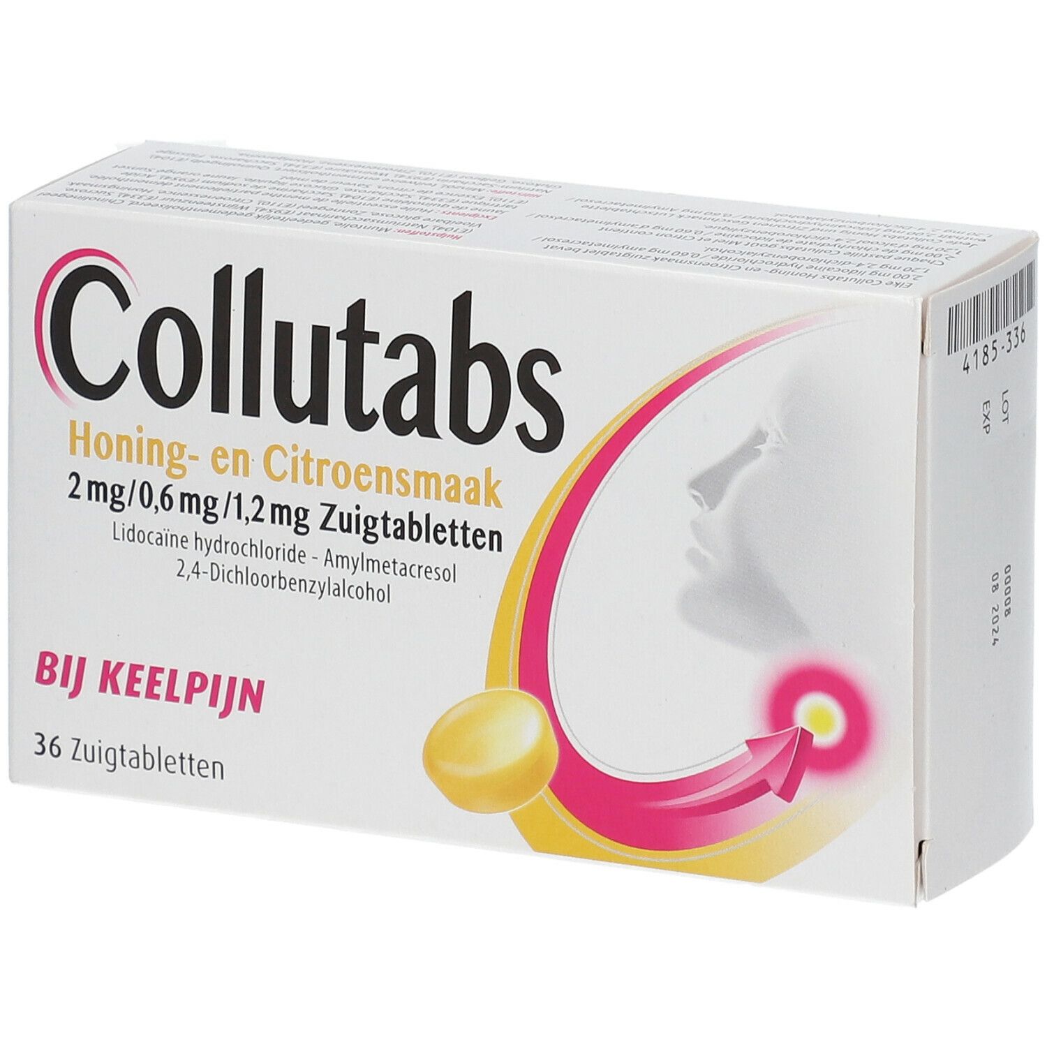 Collutabs-verpakking. Opschrift: Honing- en Citroensmaak, 2 mg/0,6 mg/1,2 mg Zuigtabletten, 36 tabletten. Illustratie van een keel met pijn.