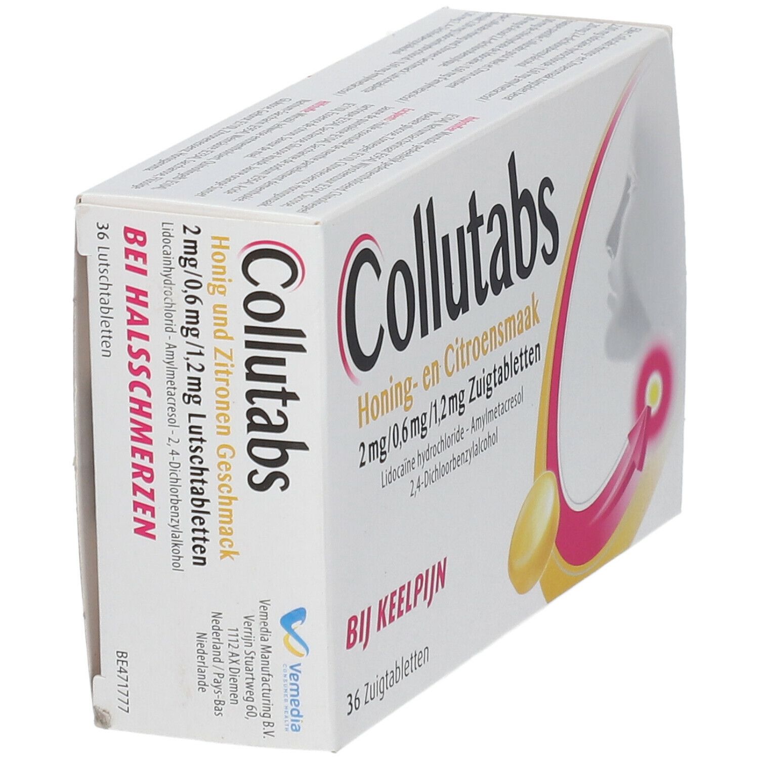 Collutabs-verpakking, schuin van bovenaf. Opschrift: Honing- en Citroensmaak, 2 mg/0,6 mg/1,2 mg Zuigtabletten, 36 tabletten. Fabrikantinformatie.