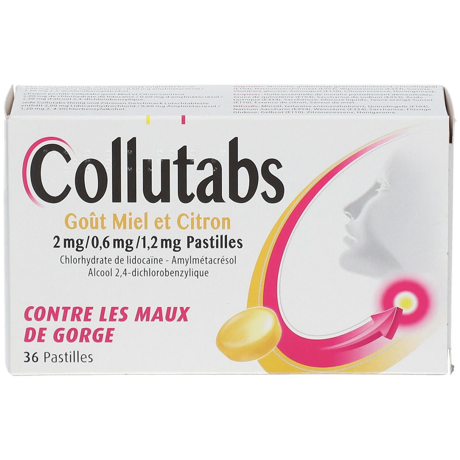Collutabs-verpakking. Opschrift: Goût Miel et Citron, 2 mg/0,6 mg/1,2 mg Pastilles, 36 pastilles. Illustratie van een keel met pijn.