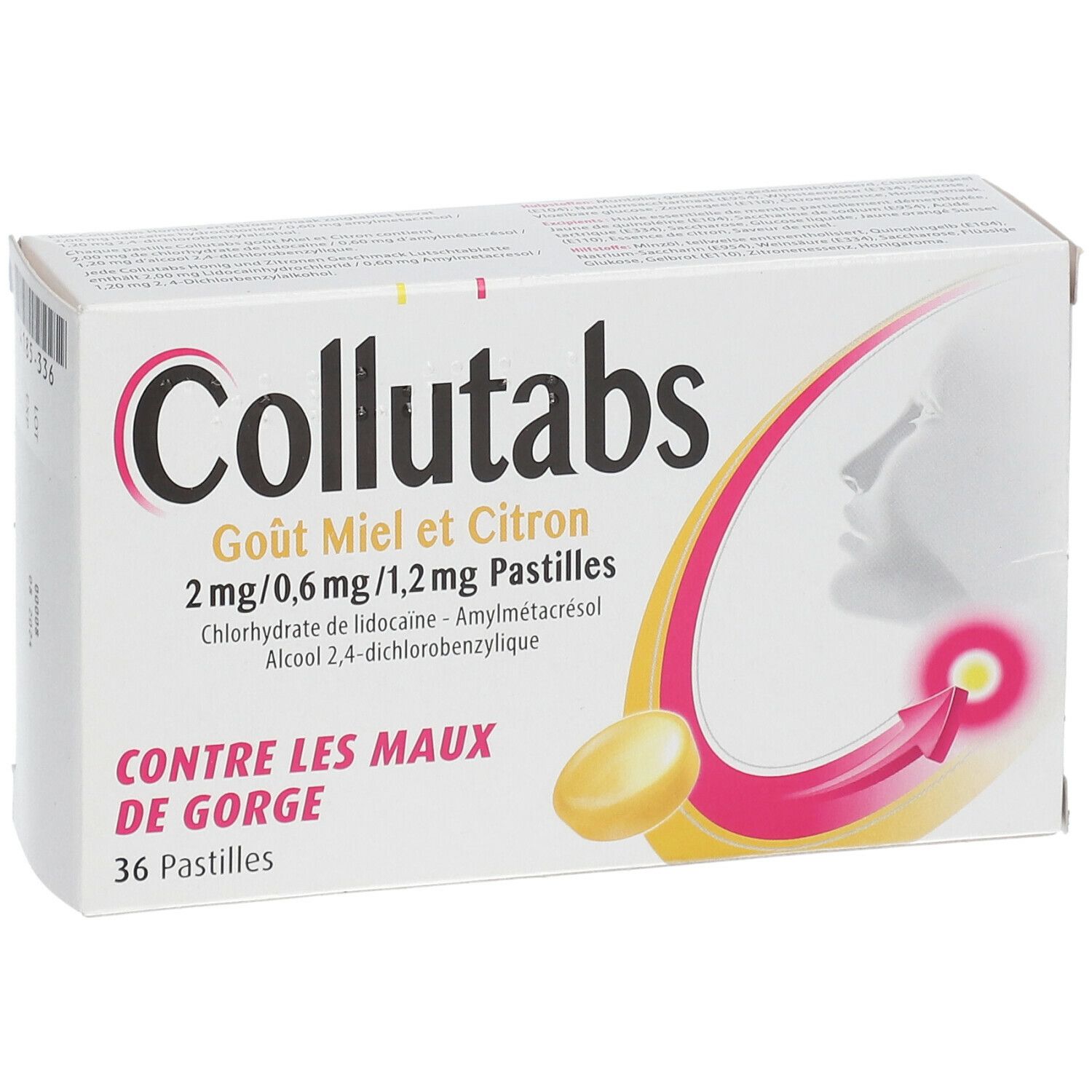 Collutabs-verpakking. Opschrift: Goût Miel et Citron, 2 mg/0,6 mg/1,2 mg Pastilles, 36 pastilles. Illustratie van een keel met pijn.