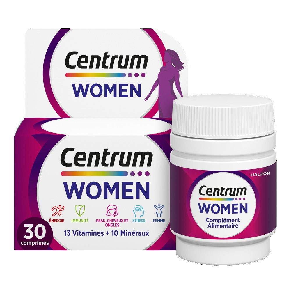 Boîte et flacon Centrum Women. Boîte avec image et texte du produit. Flacon de 30 comprimés. Informations sur le produit.