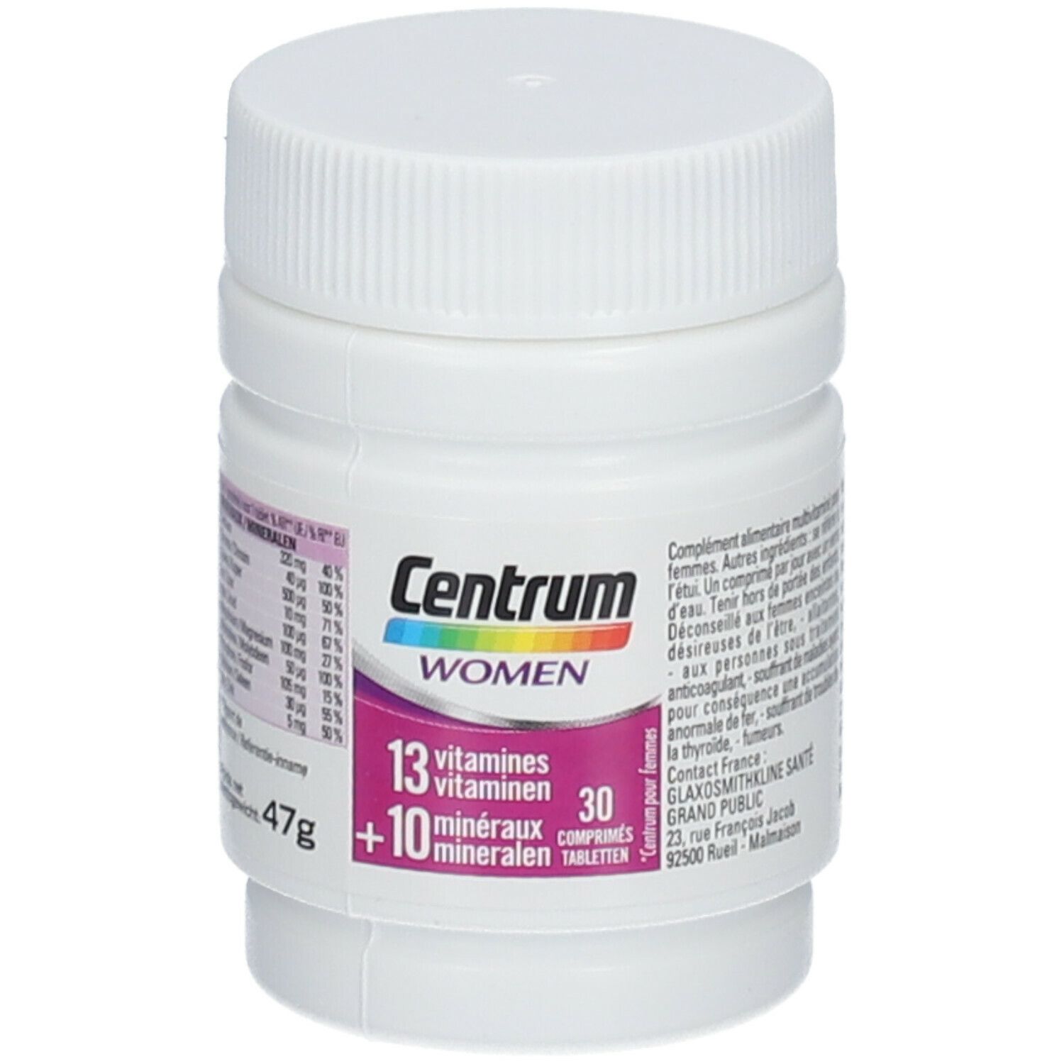 Flacon de Centrum Women. Contient 13 vitamines et 10 minéraux. 30 comprimés. Flacon blanc avec couvercle. Informations imprimées.