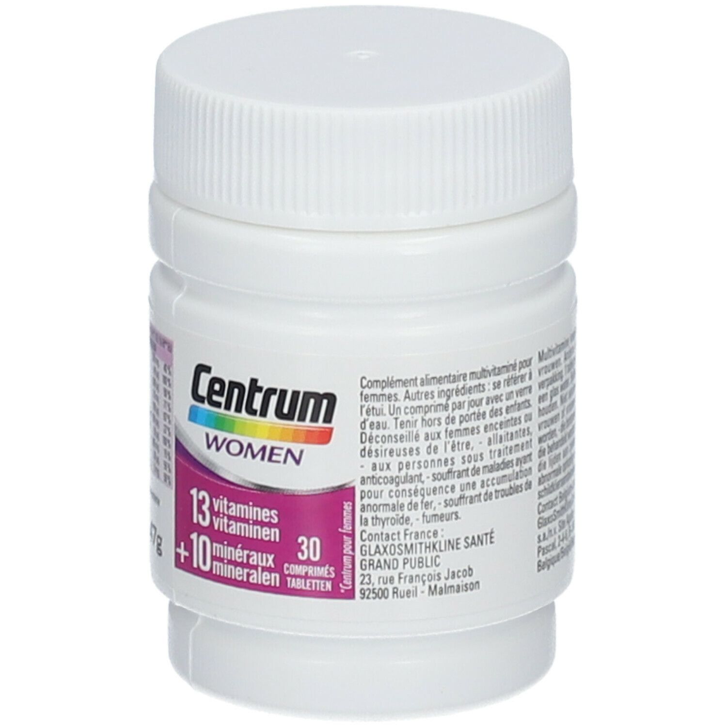 Flacon de Centrum Women. Contient 13 vitamines et 10 minéraux. 30 comprimés. Flacon blanc avec couvercle. Informations imprimées.