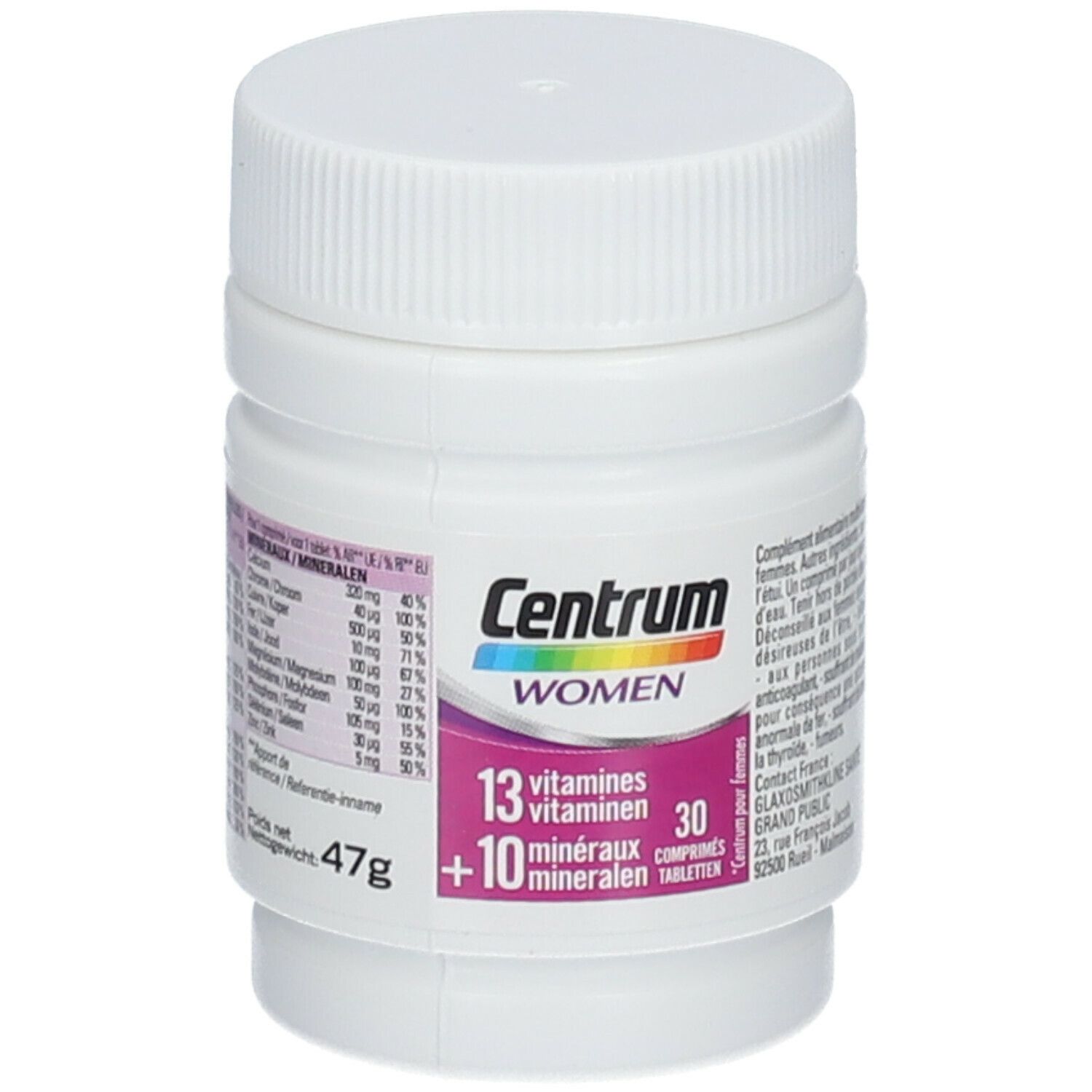 Flacon de Centrum Women. Contient 13 vitamines et 10 minéraux. 30 comprimés. Flacon blanc avec couvercle. Informations imprimées.